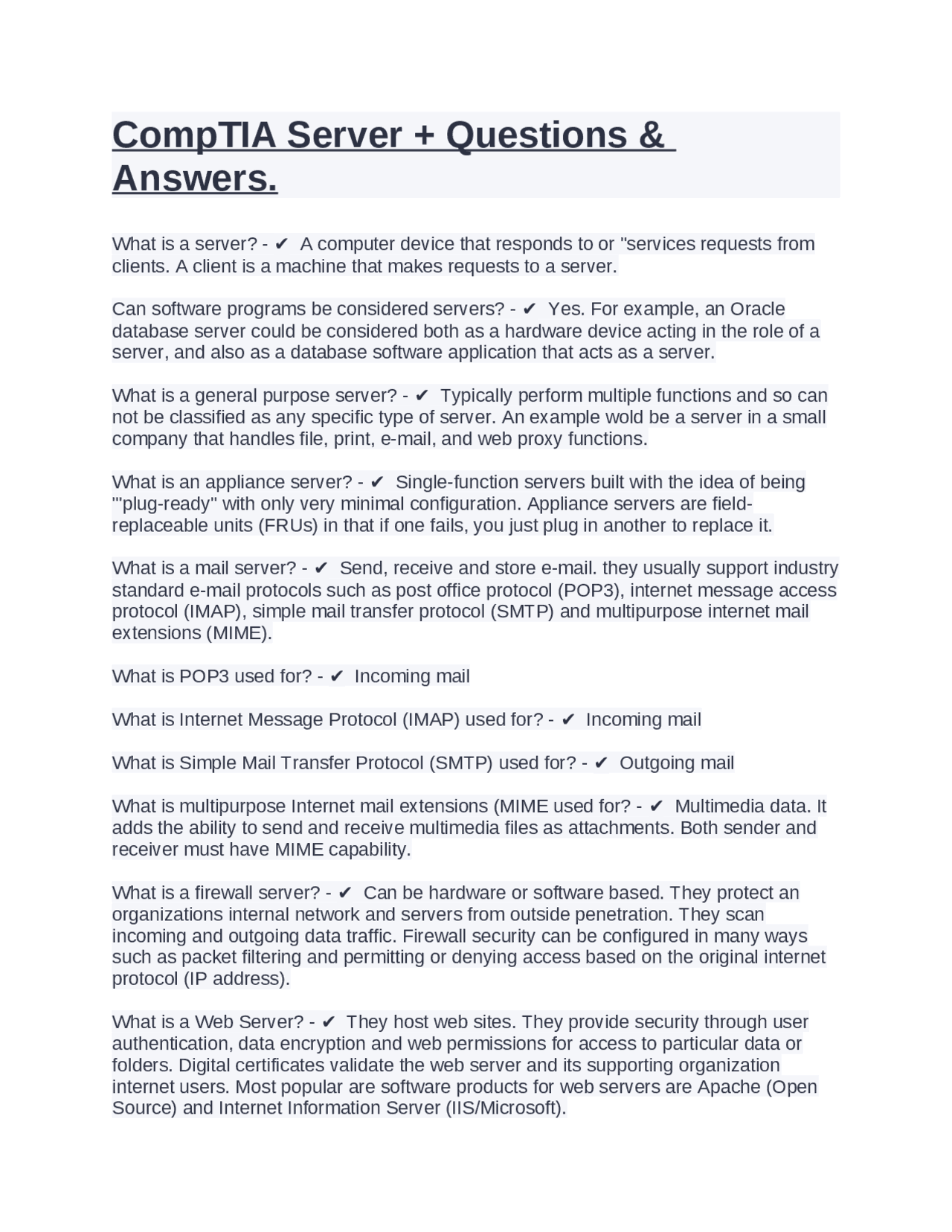 CompTIA Server + Questions & Answers. | Exams Computer Science | Docsity