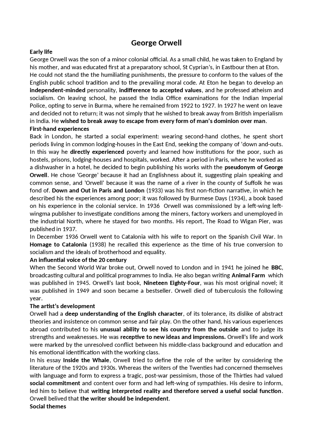 Riassunto dettagliato su Orwell per il quinto anno del liceo linguistico Dispense di