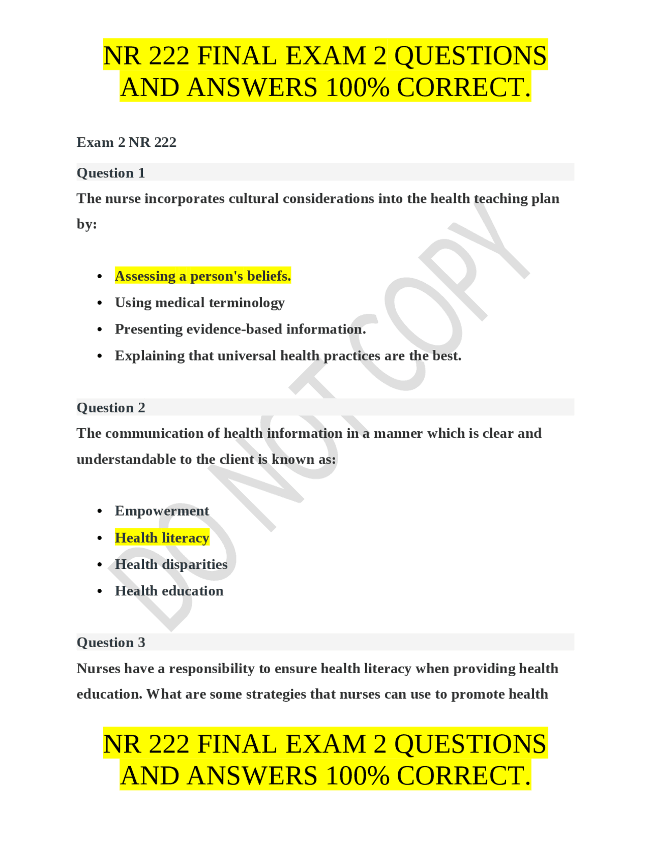 NR 222 Final Exam 2 Questions and Answers | Exams Nursing | Docsity