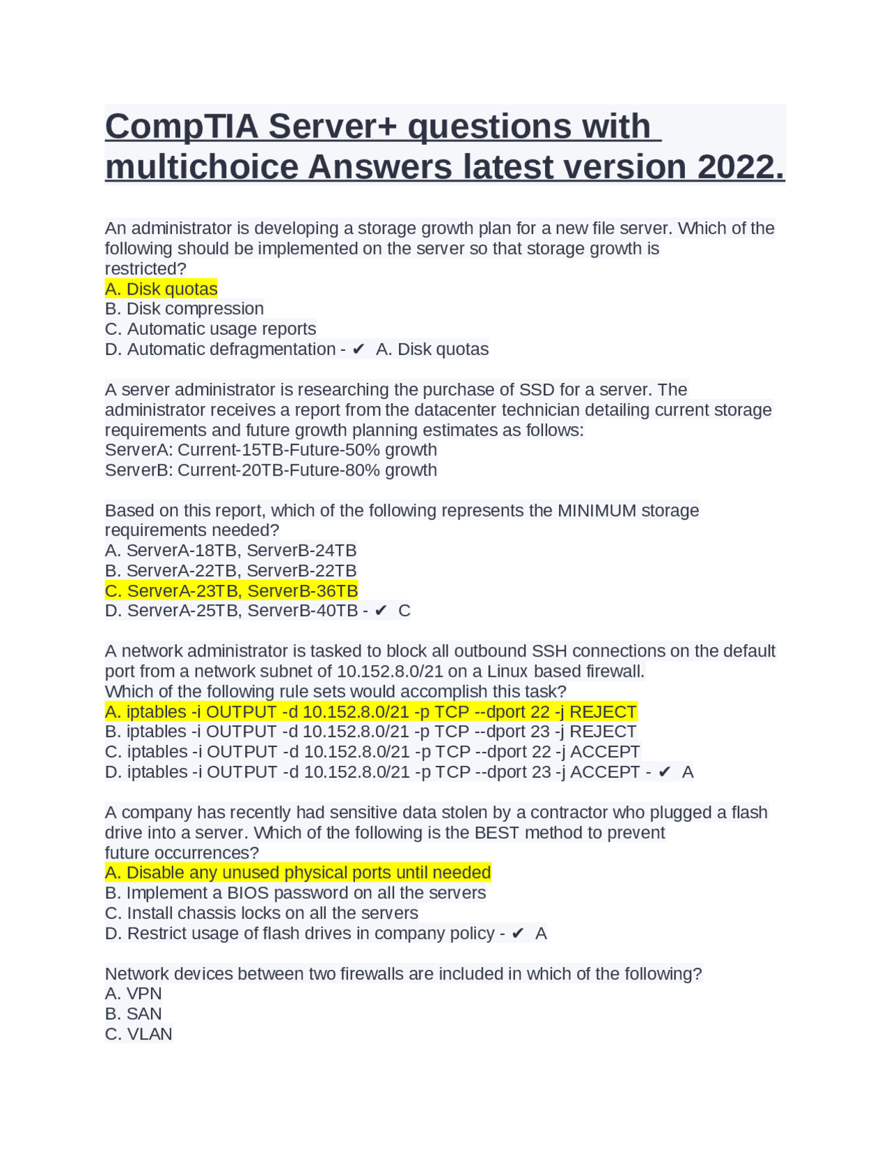 CompTIA Server+ questions with multichoice Answers latest version 2022 ...