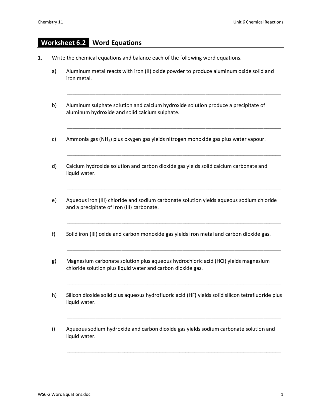 Balancing equations for practice | Assignments Chemistry | Docsity