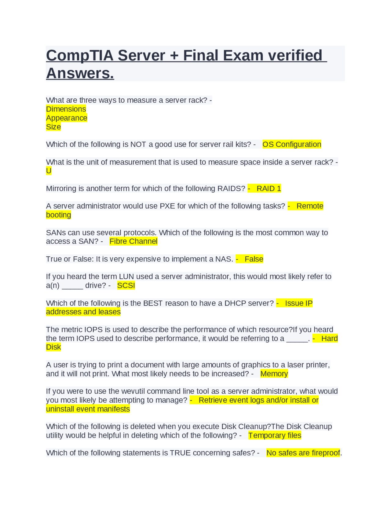 CompTIA Server + Final Exam verified Answers. | Exams Computer Security ...