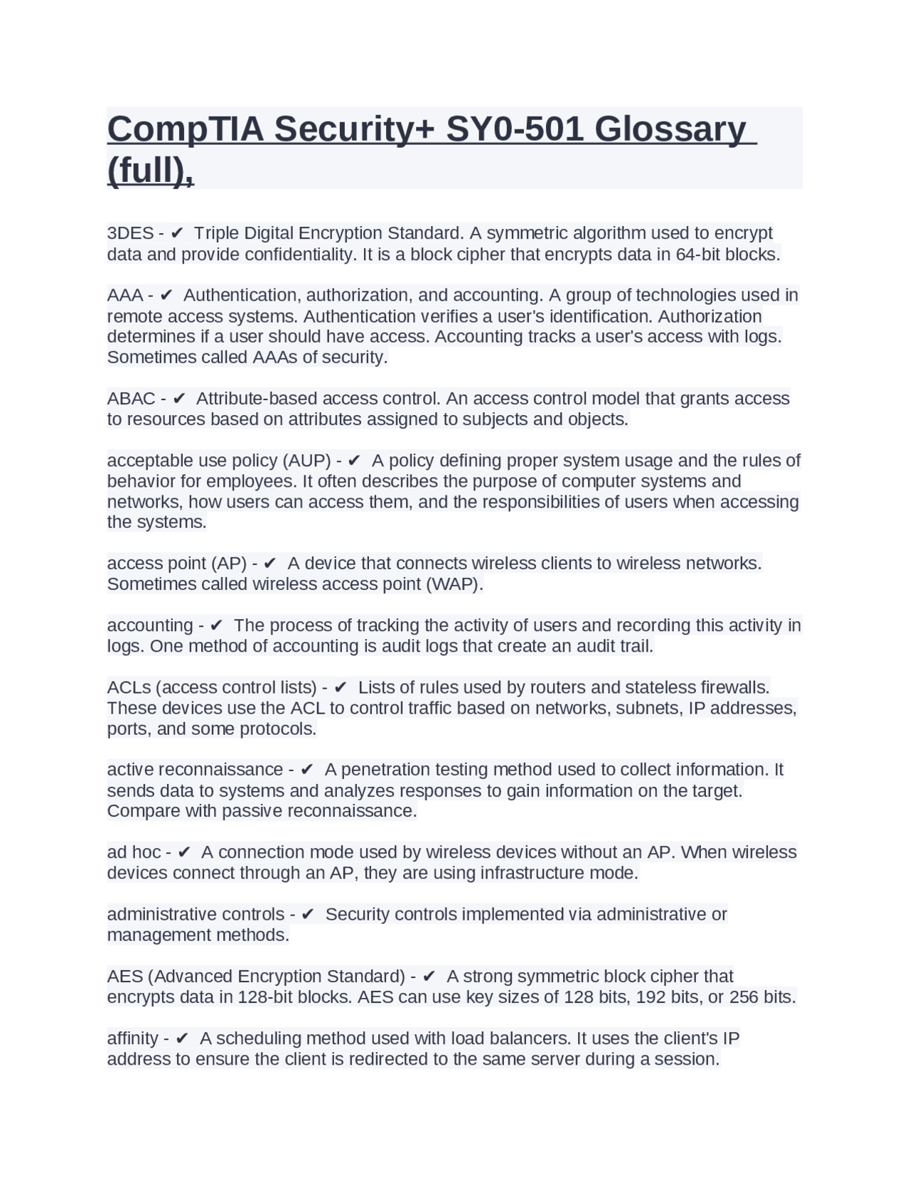 CompTIA Security+ SY0-501 Glossary (full), | Exams Computer Science ...