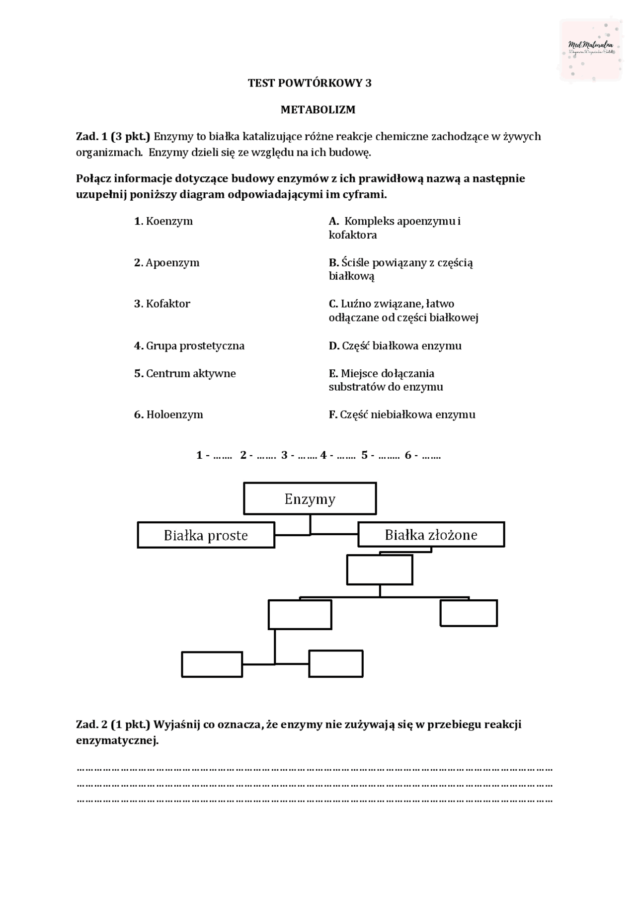 Metabolizm test szkoła średnia | Testy Biologia | Docsity