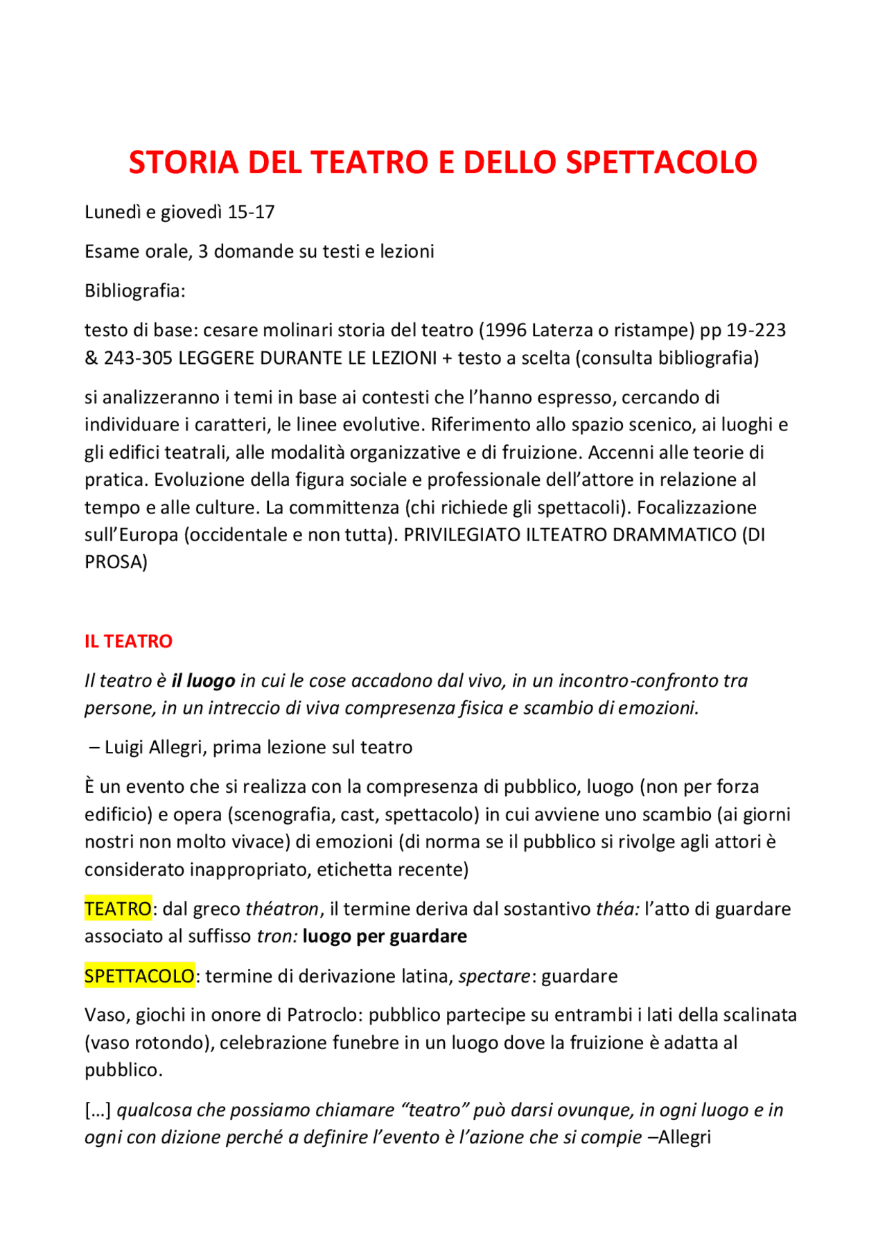 Appunti storia del teatro Appunti di Storia del Teatro e dello