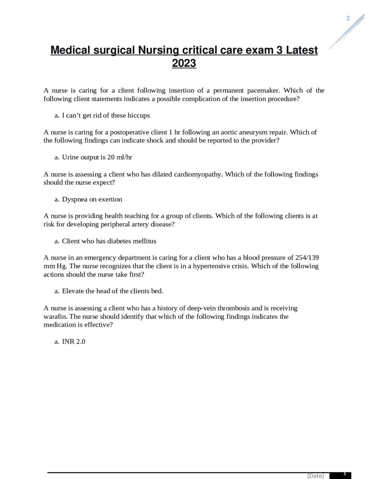 Medical surgical Nursing critical care exam 3 Latest 2023 | Exams ...