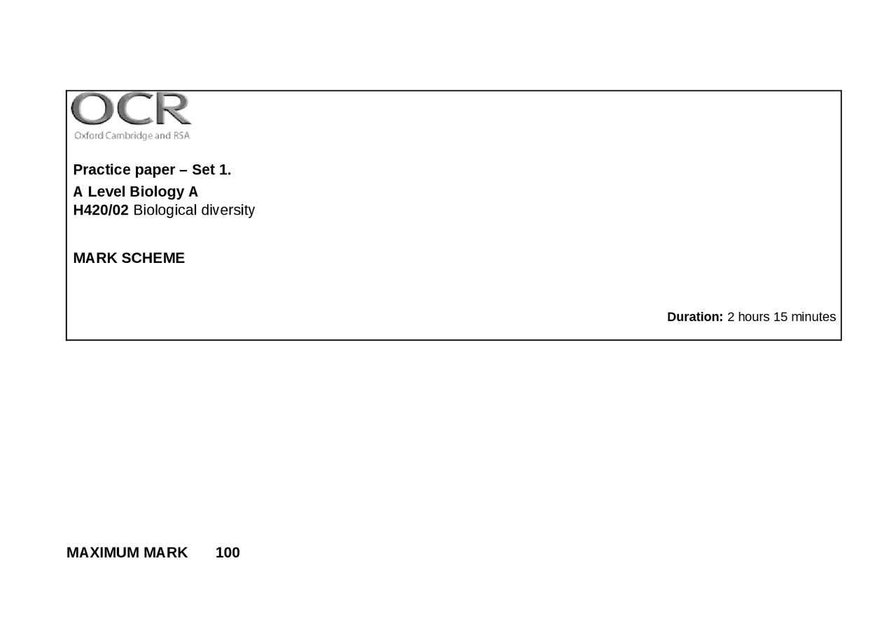 Practice paper – Set 1. A Level Biology A H420/02 Biological diversity ...