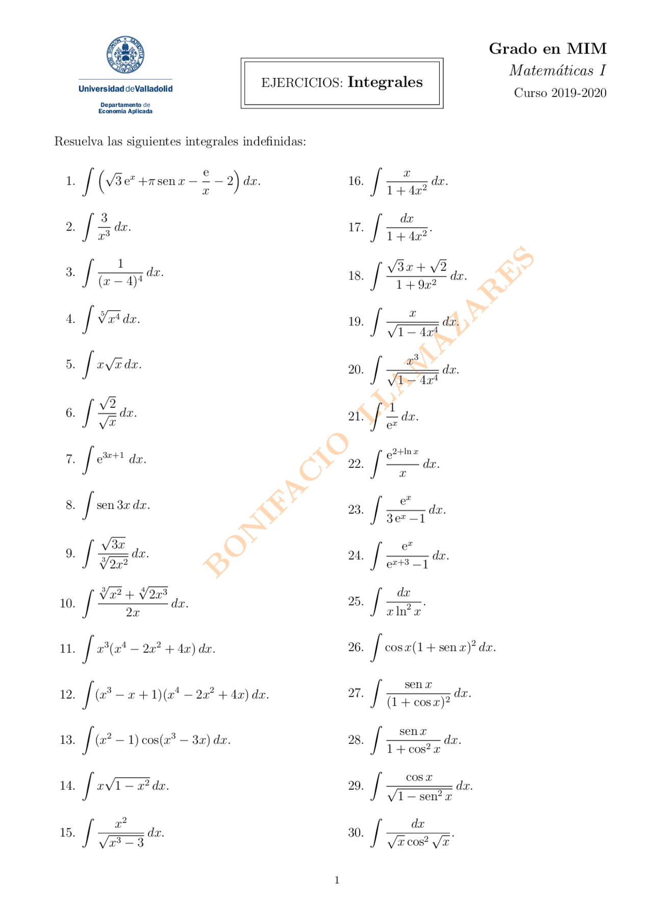 Ejercicios integrales | Ejercicios de Matemáticas | Docsity