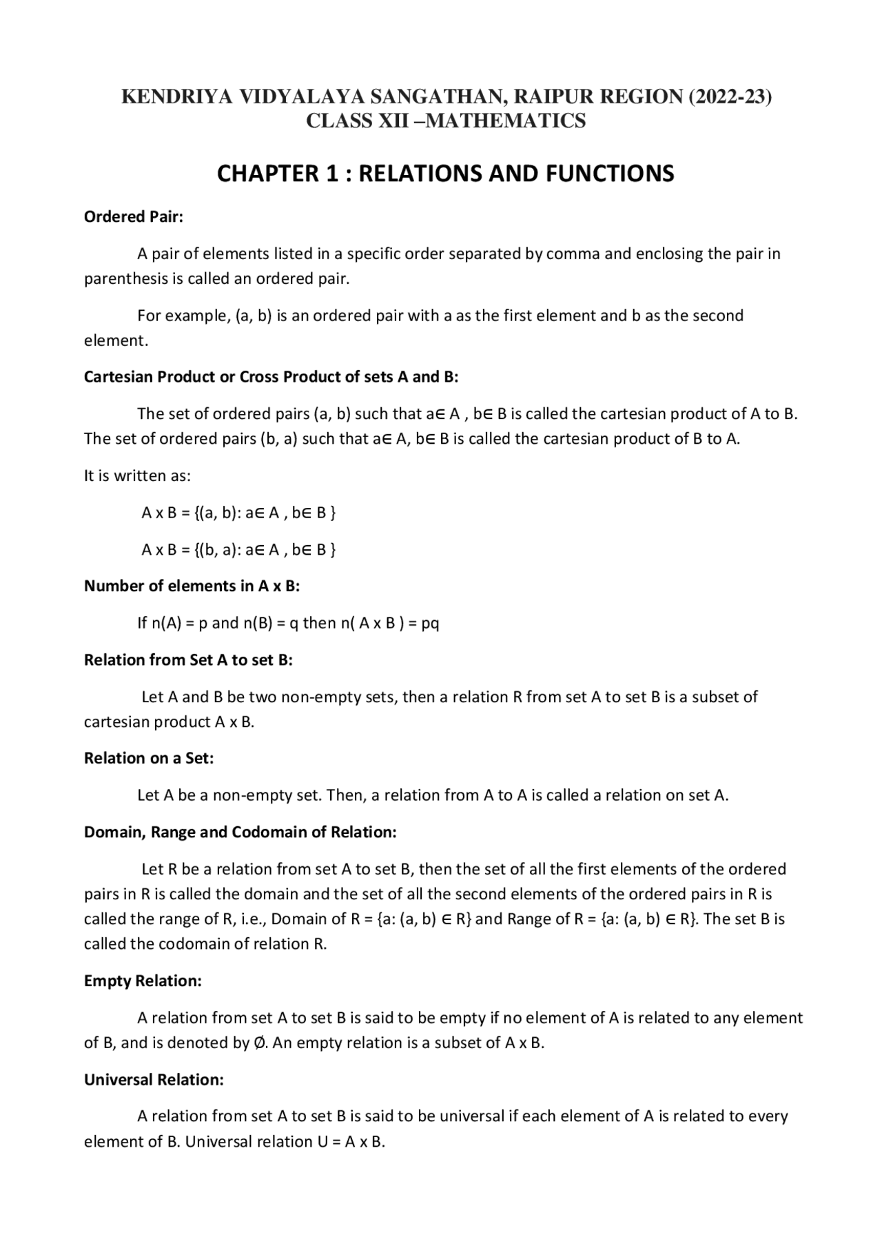 Complete mathematics notes for class 12 | Study notes Mathematics | Docsity