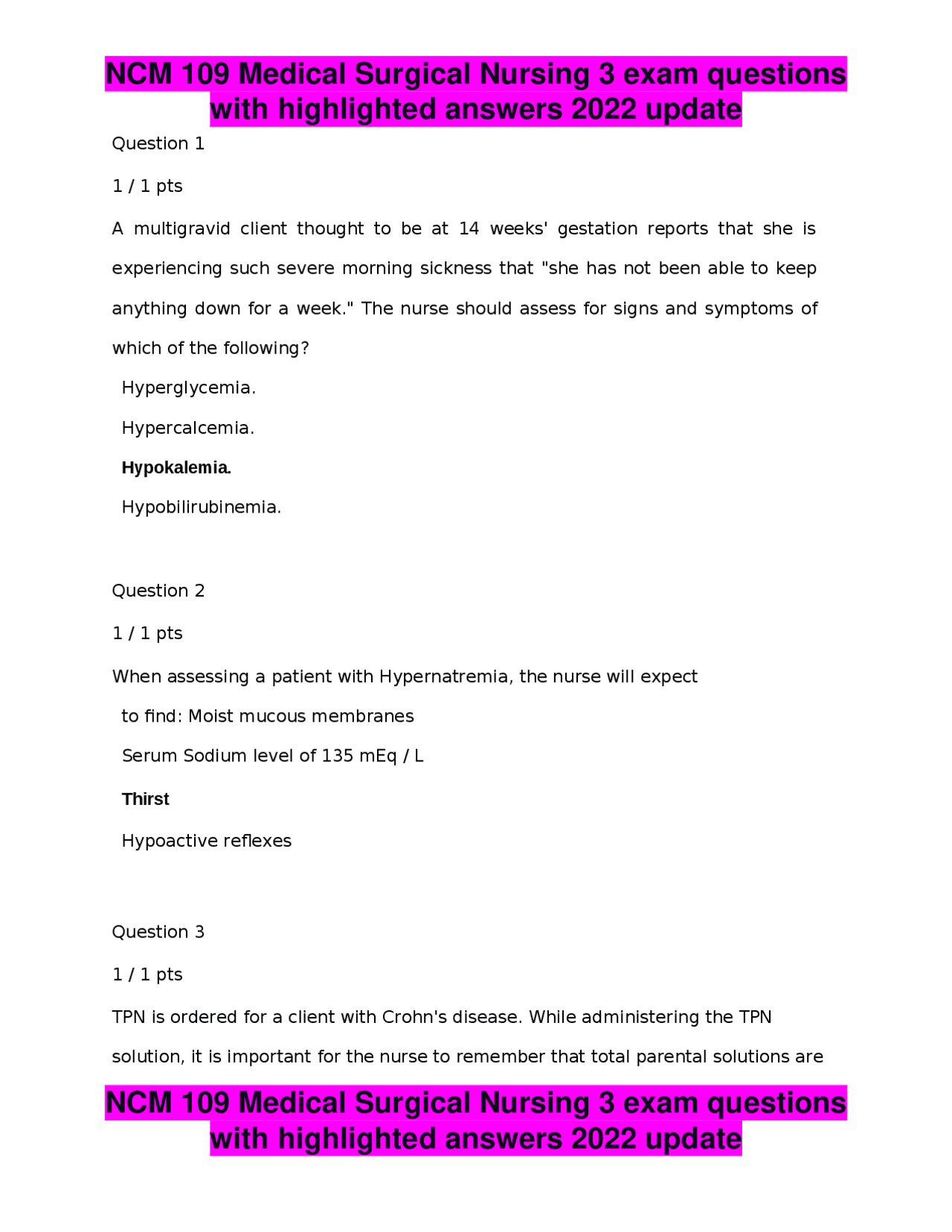 NCM 109 Medical Surgical Nursing 3 exam questions with highlighted ...