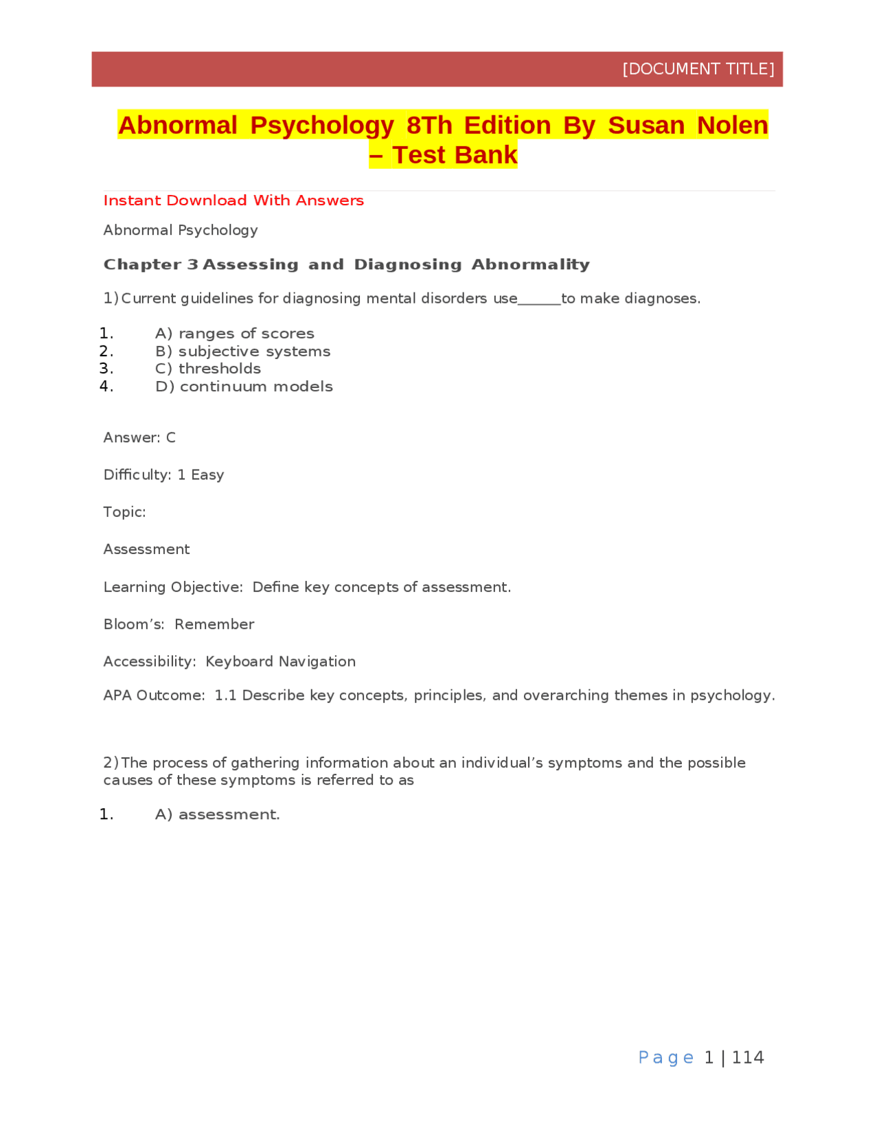 Abnormal Psychology Susan Nolen-hoeksema 8th Edition Pdf Free Abnormal Psychology 8Th Edition By Susan Nolen – Test Bank | Exams