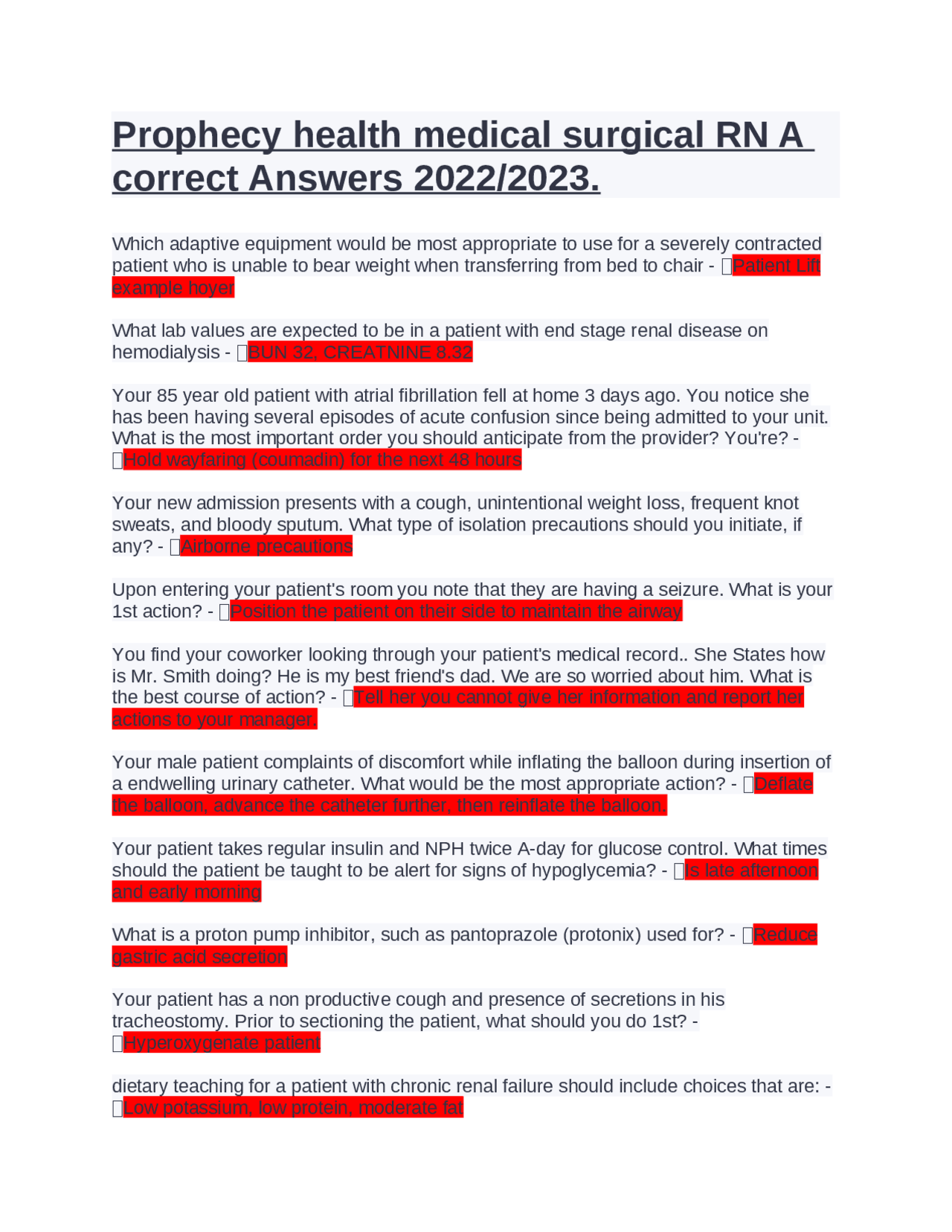 Prophecy health medical surgical RN A correct Answers 2022 2023 Exams