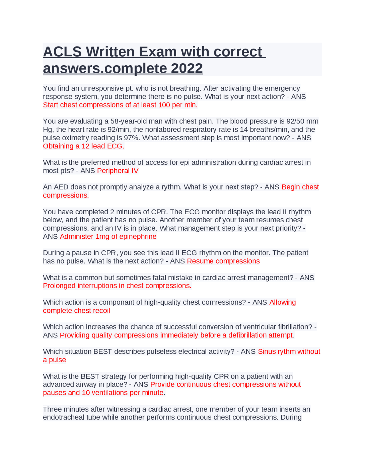 ACLS Written Exam VERSION A with correct Answers.complete 2022. | Exams ...