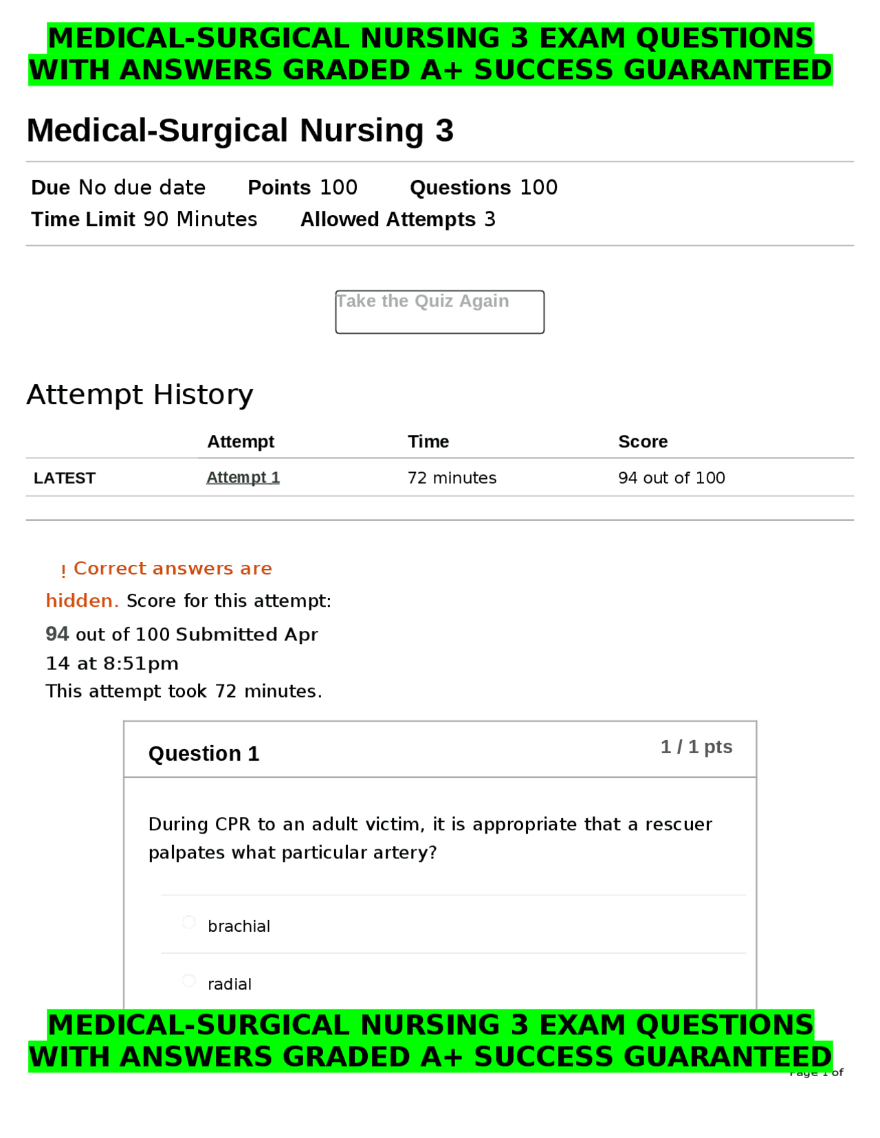 MEDICALSURGICAL NURSING 3 EXAM QUESTIONS WITH ANSWERS GRADED A+