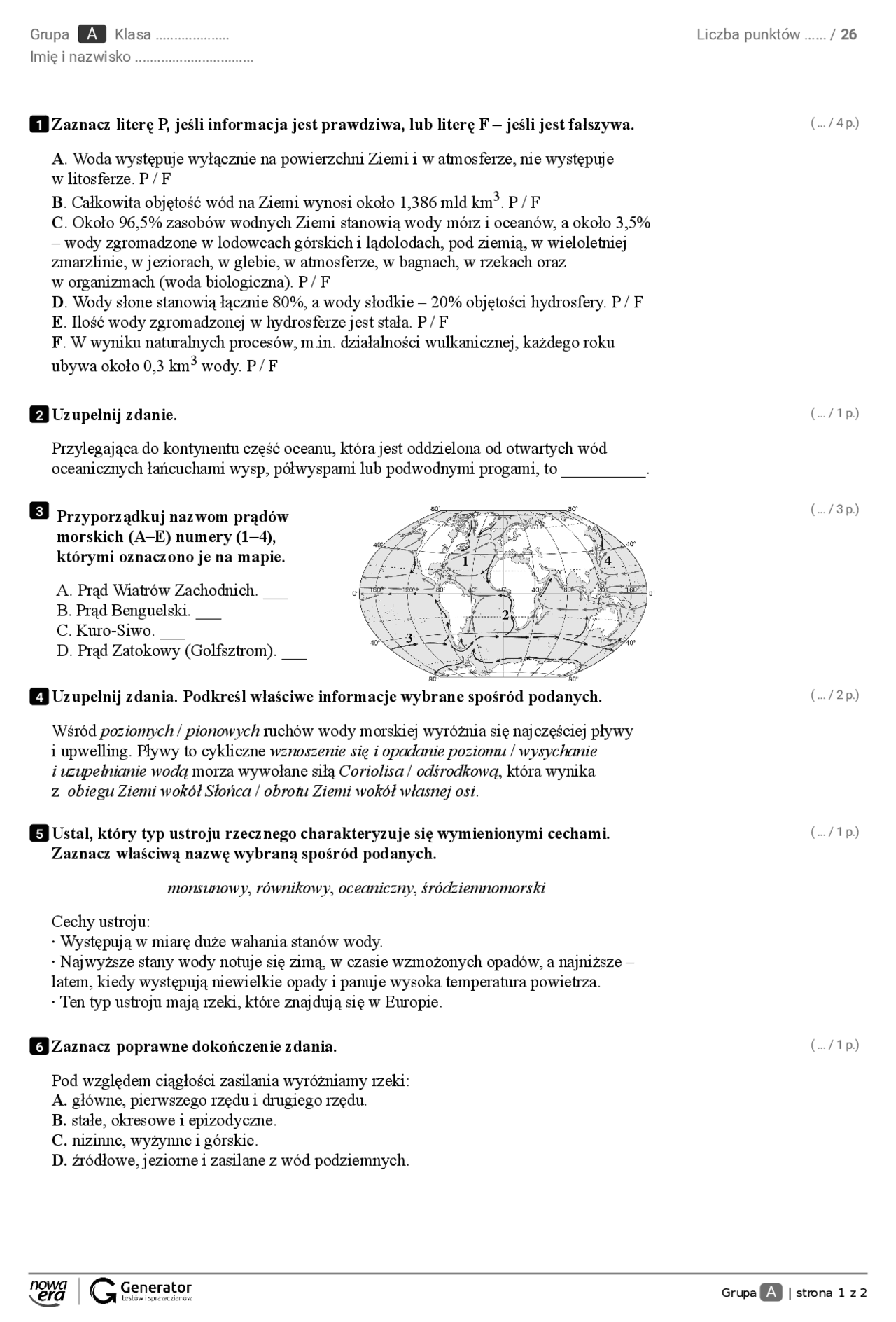 Sprawdzian Geografia klasa 1 | Egzaminy Geografia | Docsity