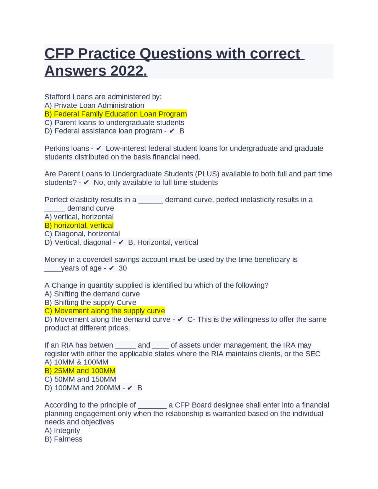 CFP Practice Questions with correct Answers 2022. | Exams Business ...