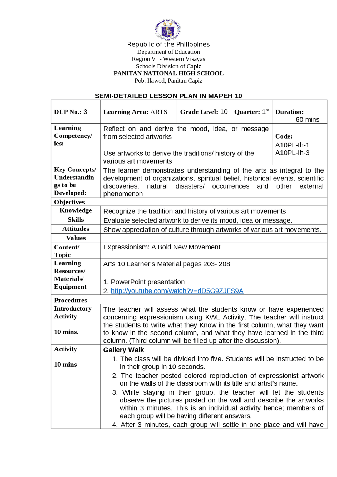 DETAILED LESSON PLAN IN ARTS 10 | Lecture notes Performing arts | Docsity