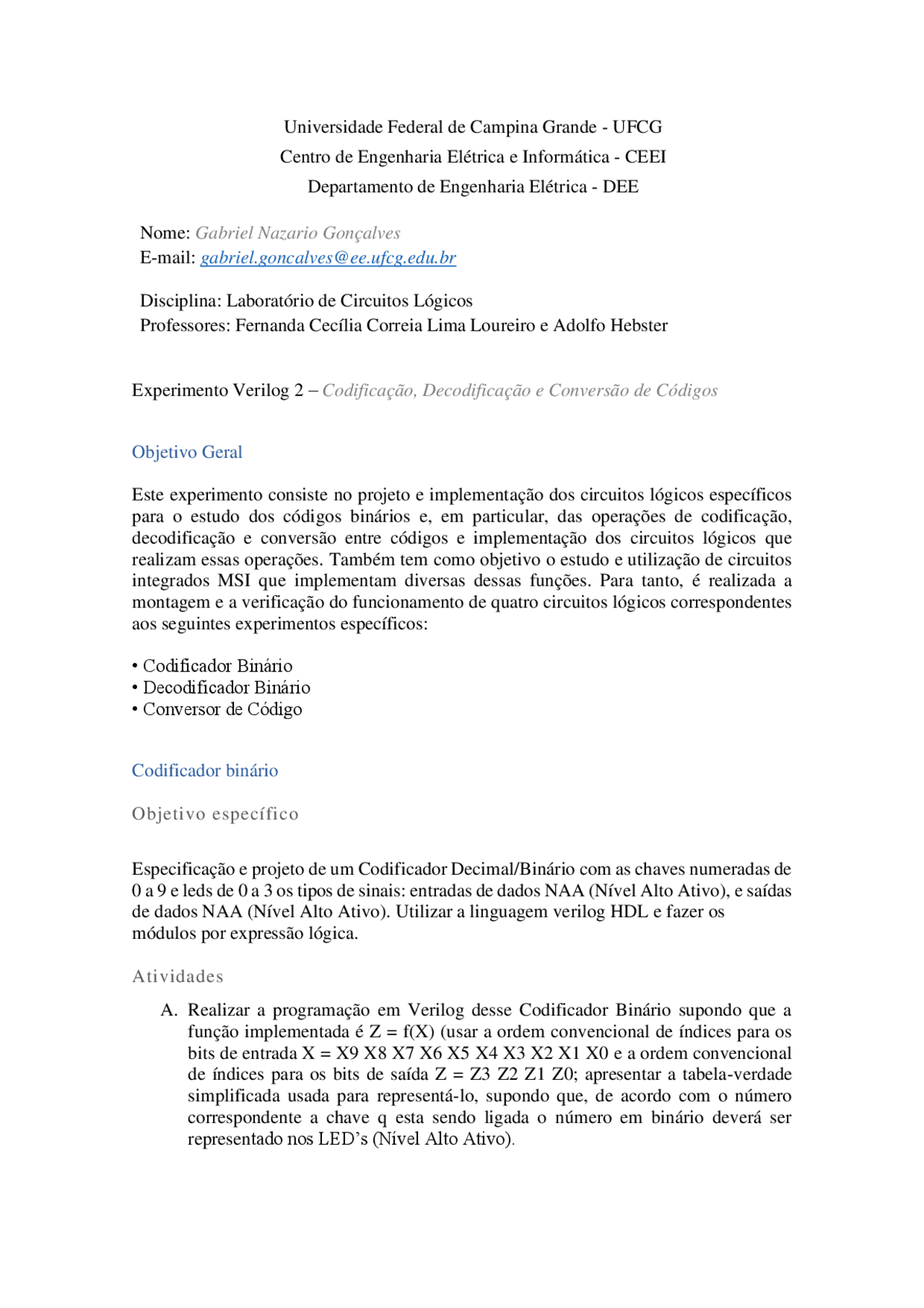 Relatorio de verilog 2 UFCG | Exercícios Eletrônica Digital | Docsity