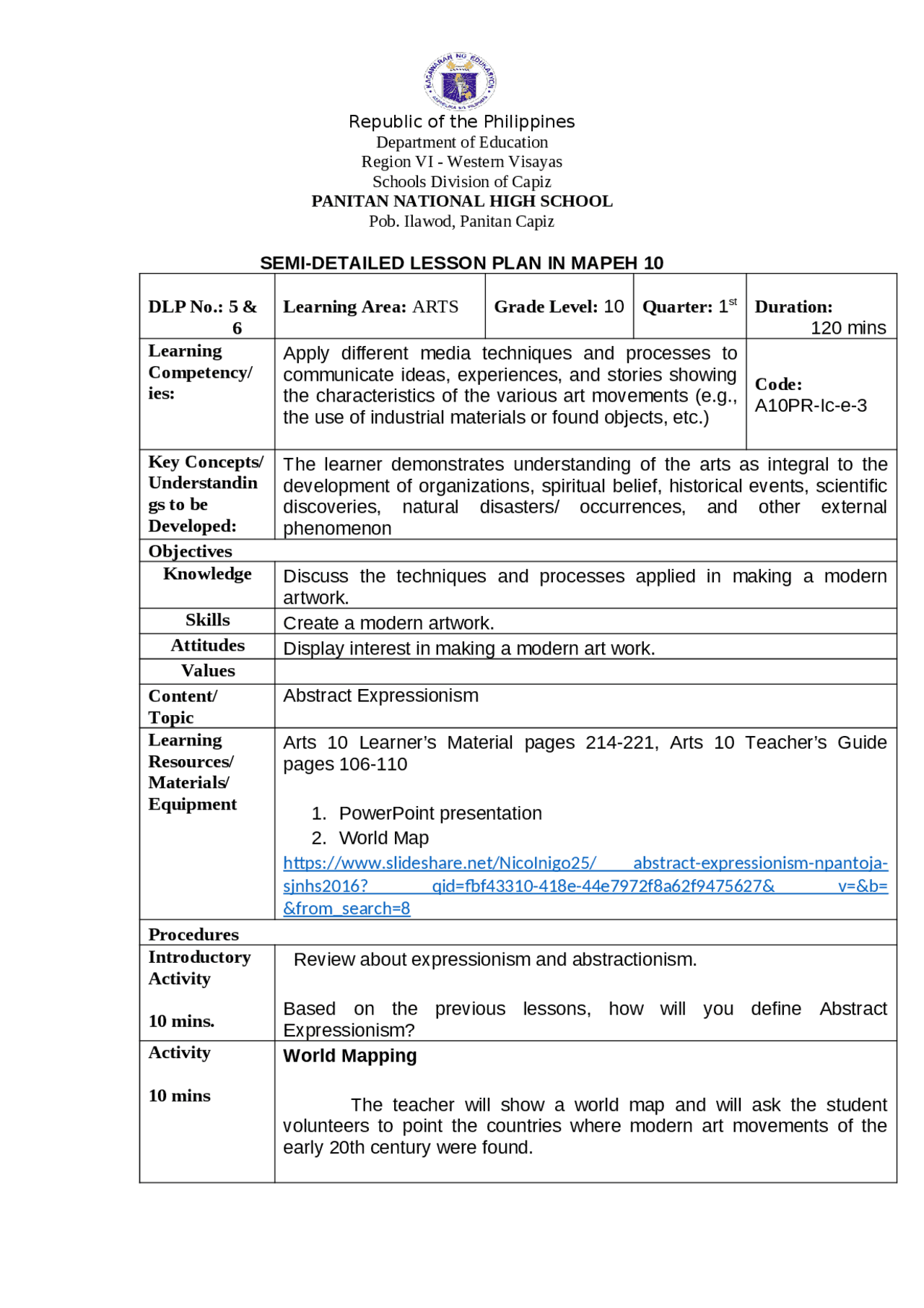 DETAILED LESSON PLAN | Lecture notes Visual Arts | Docsity
