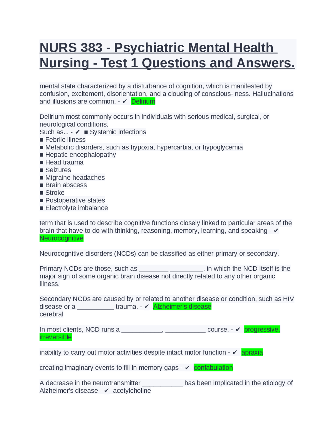 NURS 383 Psychiatric Mental Health Nursing Test 1 Questions and Answers Exams Nursing