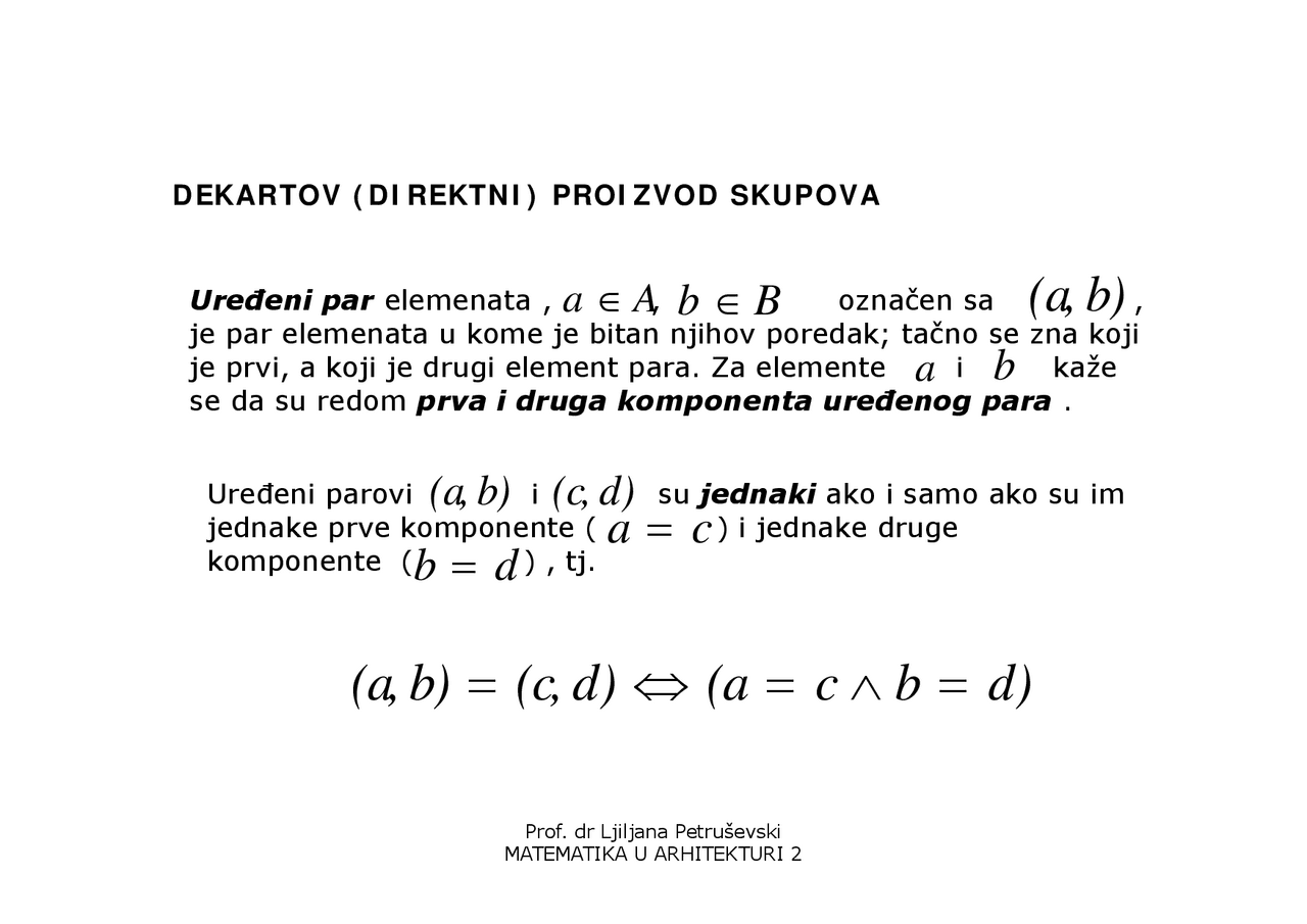 Dekartov (direktni) proizvod skupova | Vežbe' predlog Matematika | Docsity