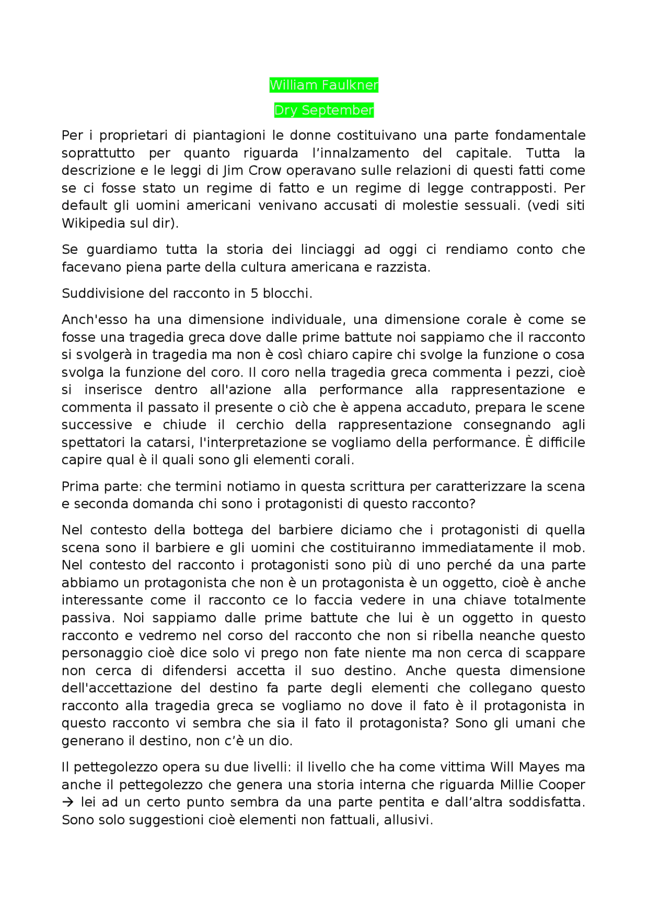William Faulkner dry september Appunti di Letteratura Angloamericana