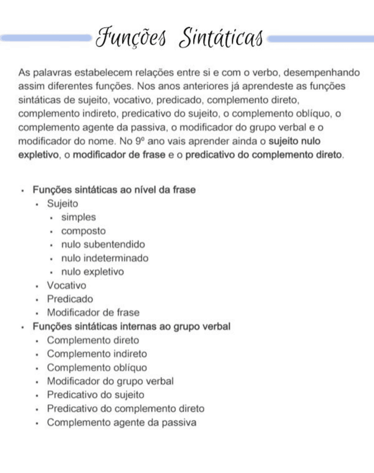 Funções Sintáticas 9 ano | Notas de estudo Português (Gramática ...