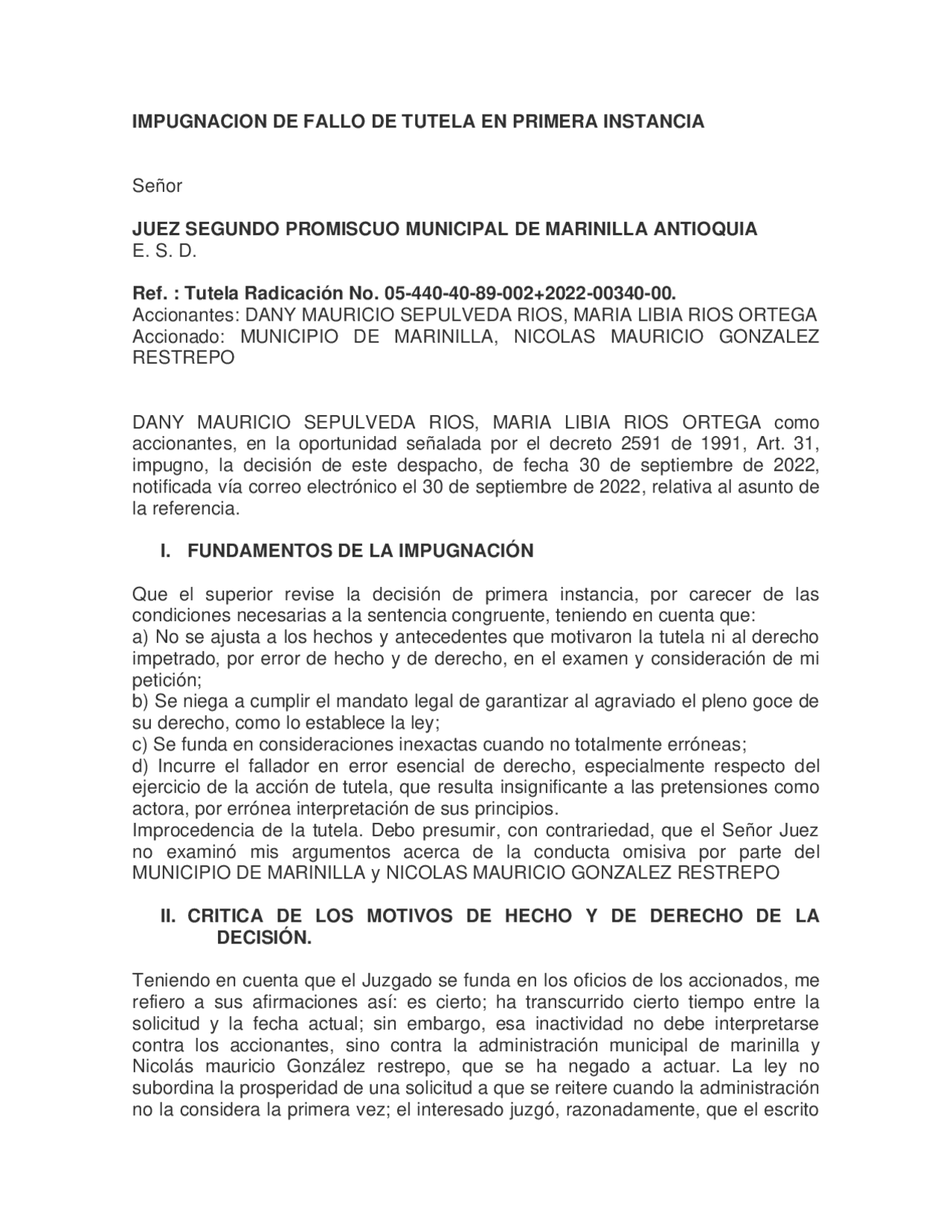 Impugnación fallo de tutela | Ejercicios de Derecho | Docsity