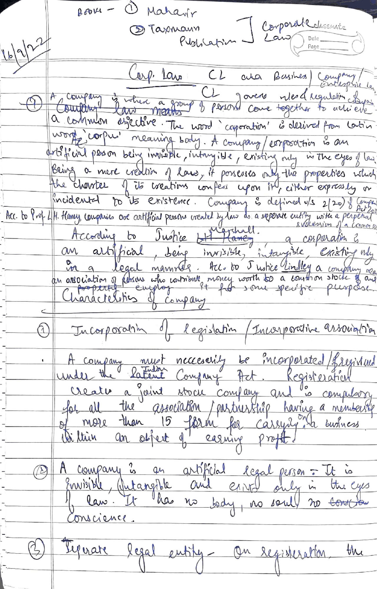 Corporate law study notes | Study notes Corporate Law | Docsity