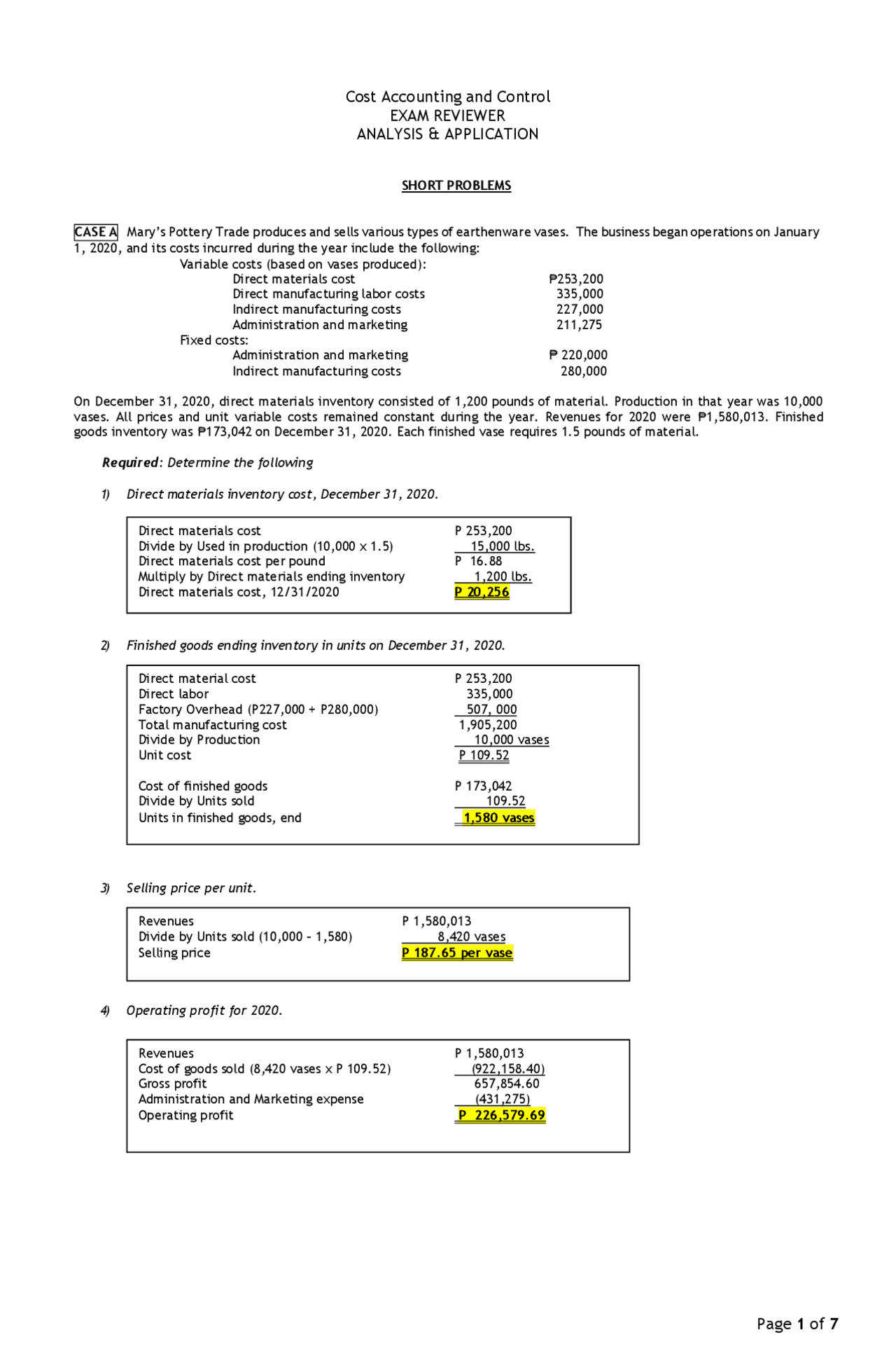 25 Short problems with answers - First Exam in Cost Accounting Acctg ...