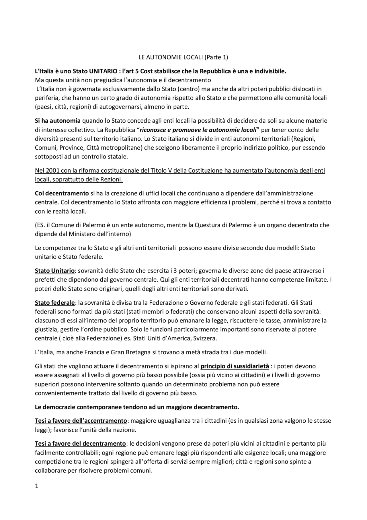 Riassunto Autonomie locali Schemi e mappe