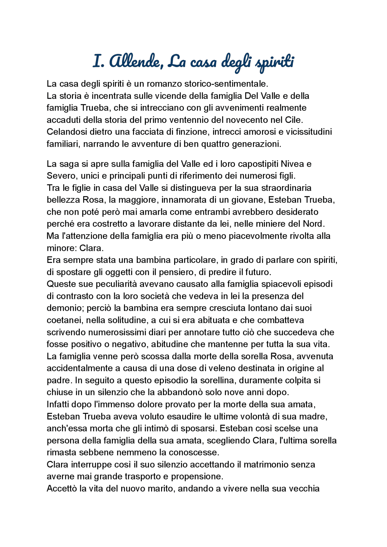 I. Allende, La casa degli spiriti Guide, Progetti e Ricerche di Italiano Docsity
