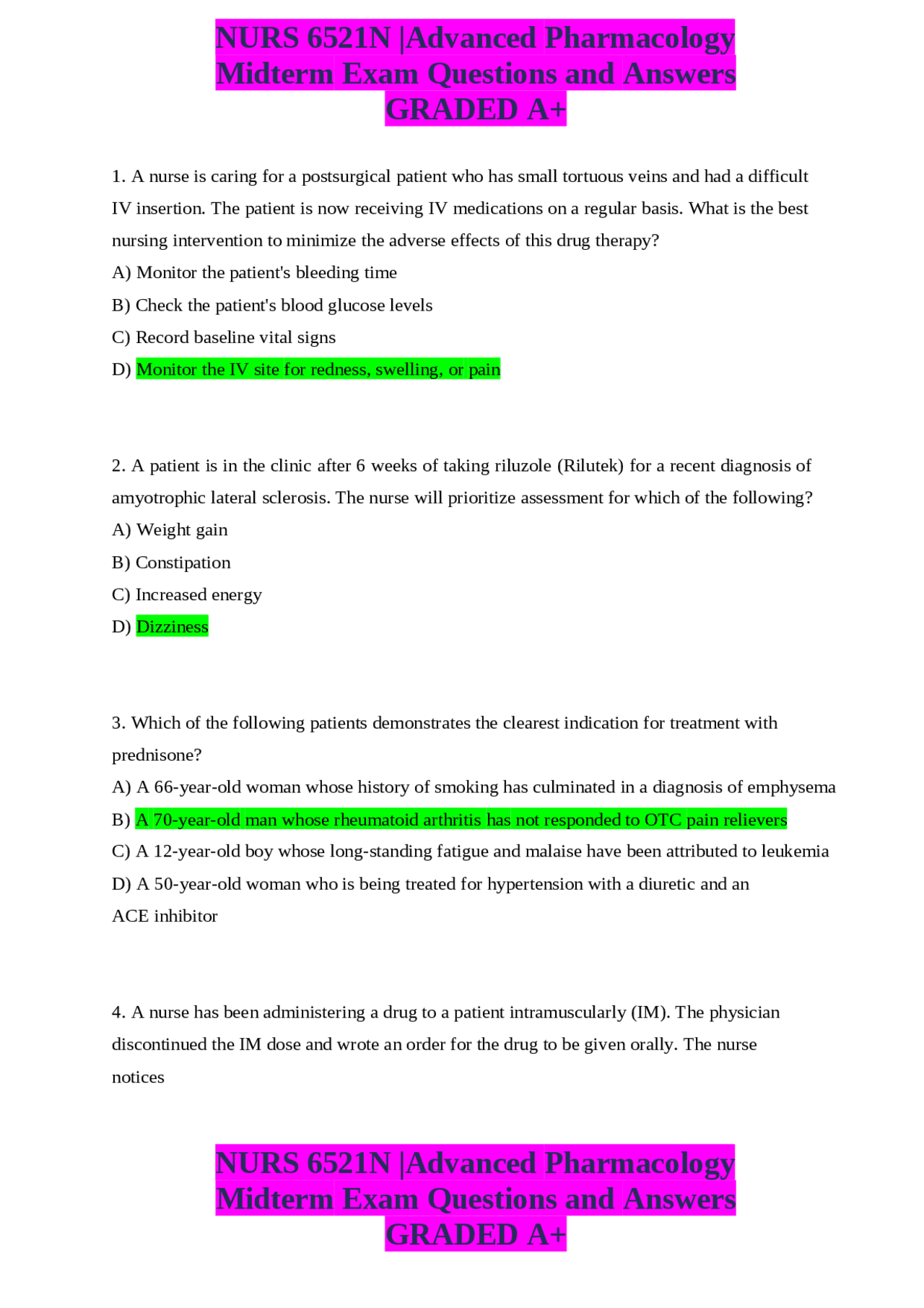 NURS 6521N |Advanced Pharmacology Midterm Exam Questions and Answers ...