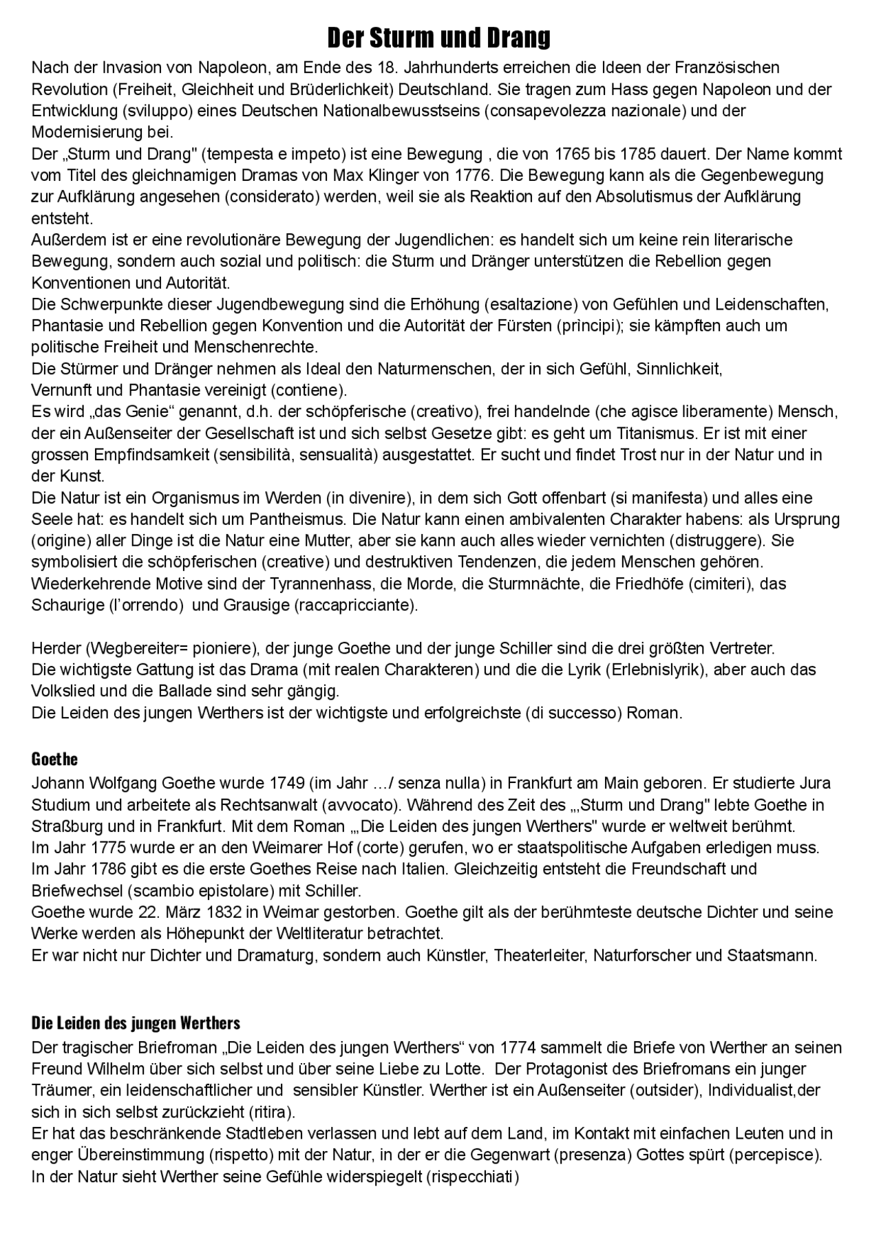 Der Sturm und Drang und die Klassik Dispense di Tedesco Docsity