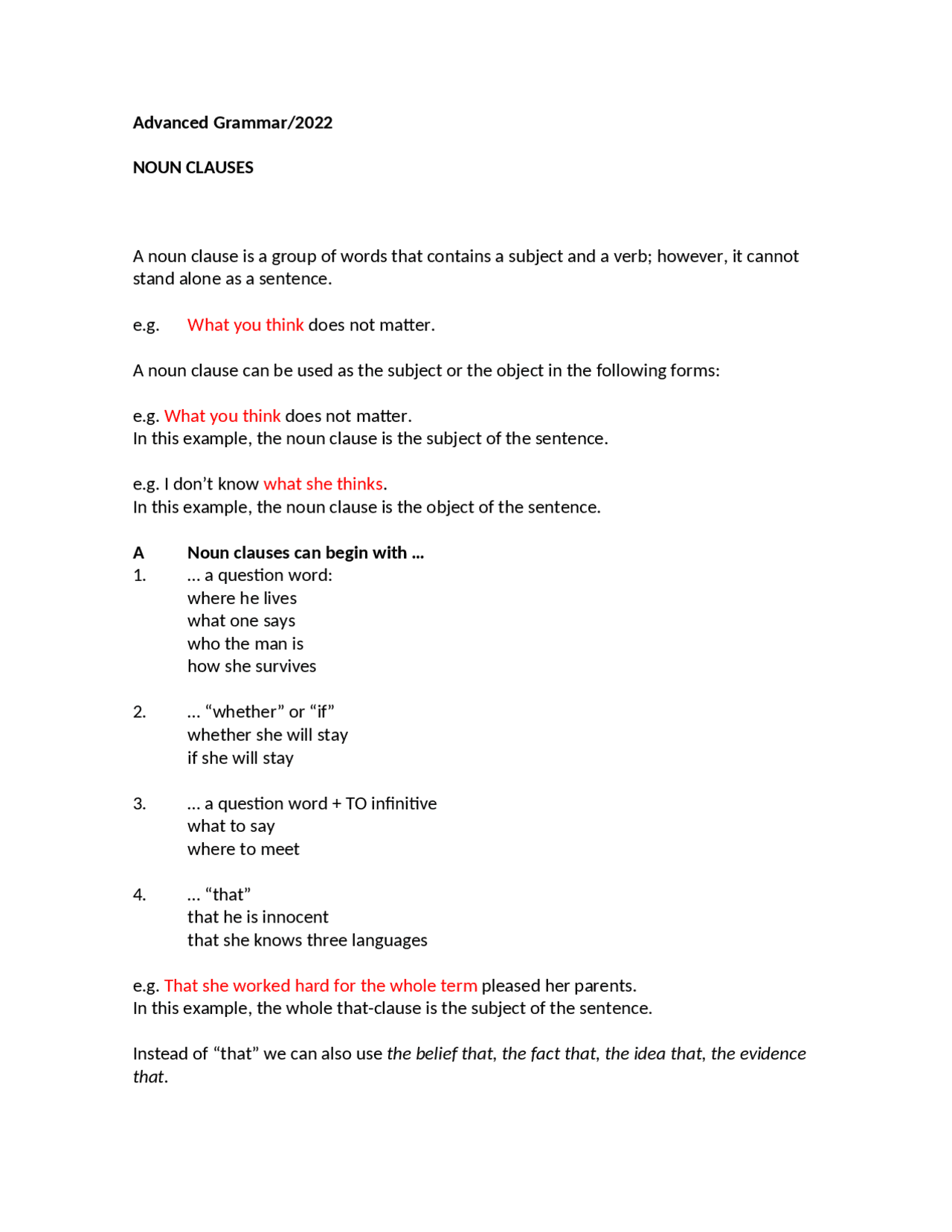 Noun Clause Example Notes NOUN CLAUSES (ADVANCE GRAMMAR) | Apuntes de Idioma Inglés | Docsity