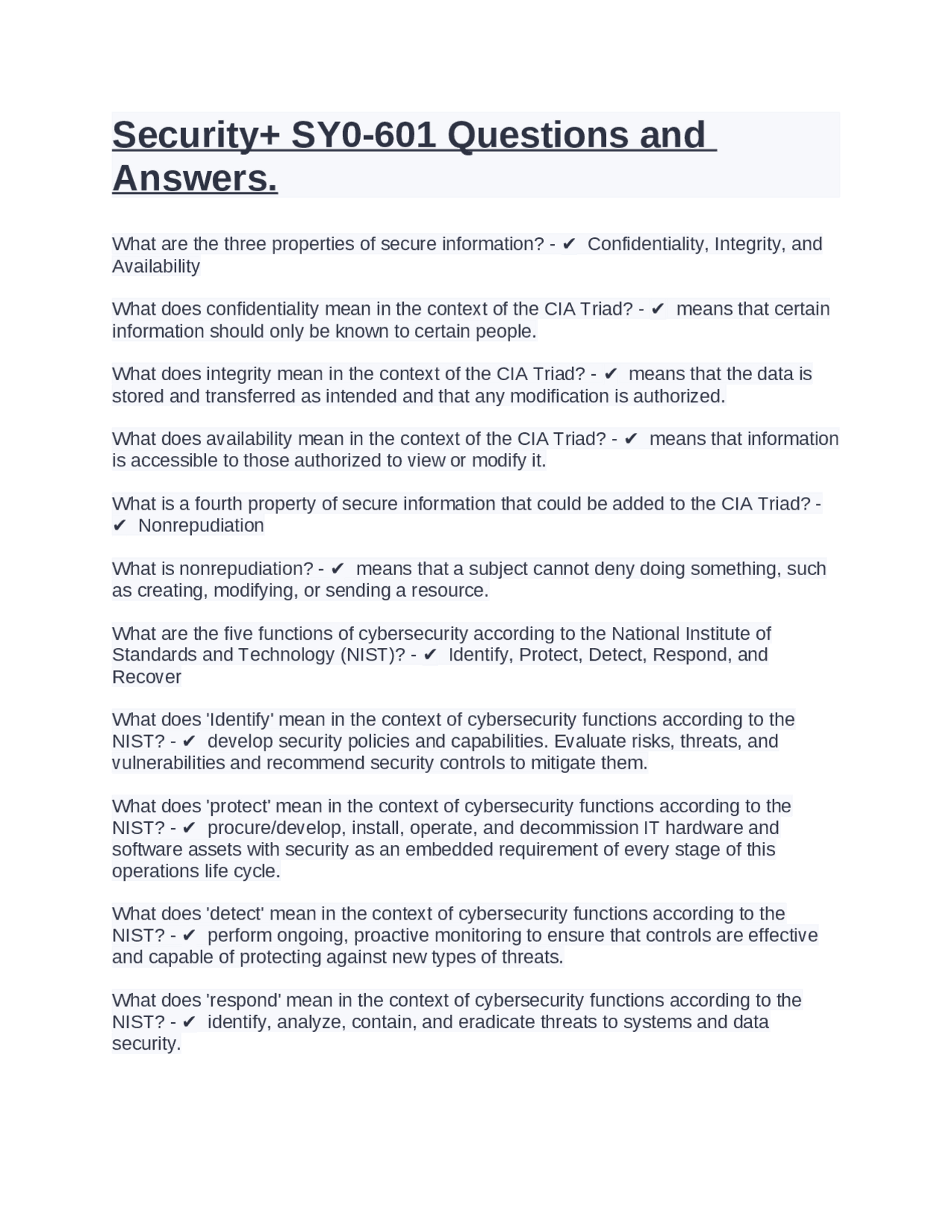 Security+ SY0-601 Questions and Answers. | Exams Computer Science | Docsity