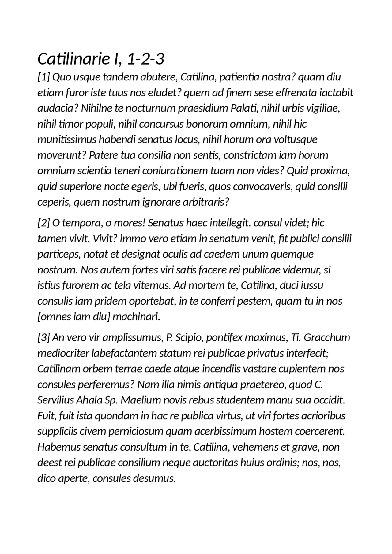Traduzione e commento Catilinarie I | Esercizi di Latino | Docsity