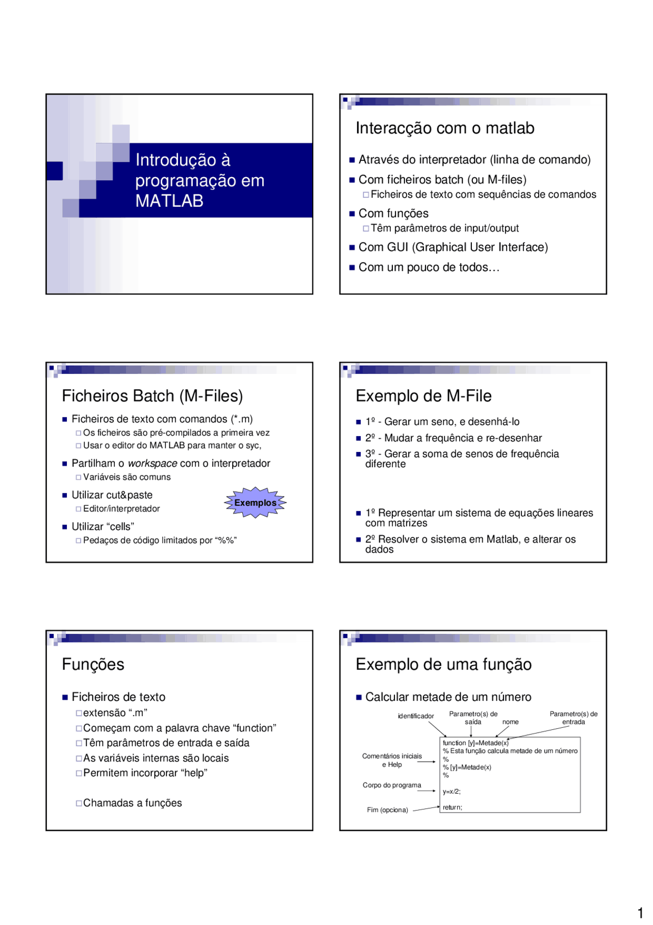 Introdução à programação em MATLAB | Exams Matlab skills | Docsity