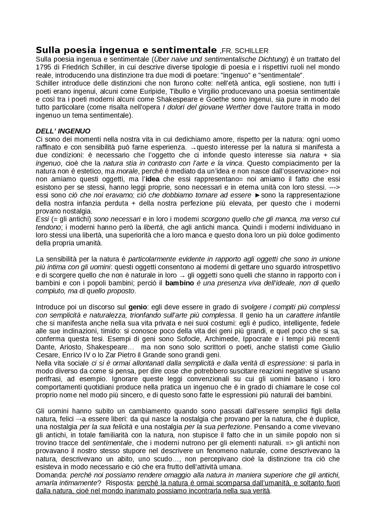 Riassunto del libro di Schiller Sulla poesia ingenua e sentimentale Sintesi del corso di Riassunto del libro di Schiller Sulla poesia ingenua e sentimentale Sintesi del corso di