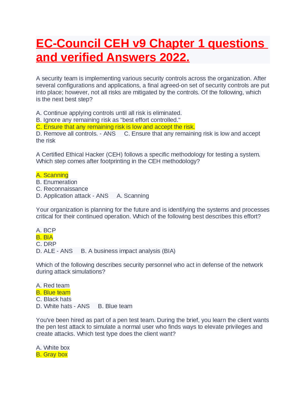 EC-Council CEH v9 Chapter 1 questions and verified Answers 2022 ...