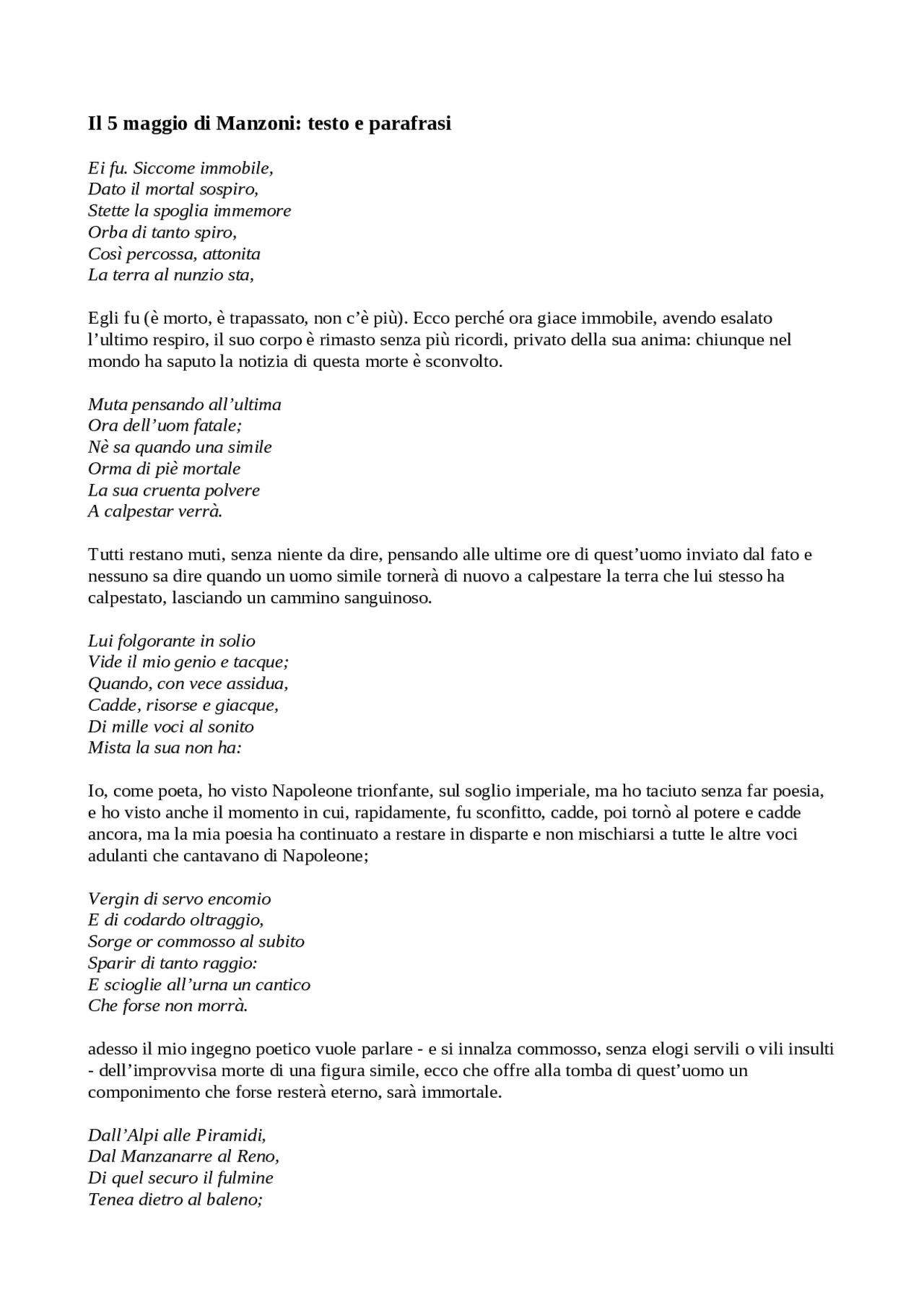 Il 5 maggio di Manzoni | Appunti di Italiano | Docsity