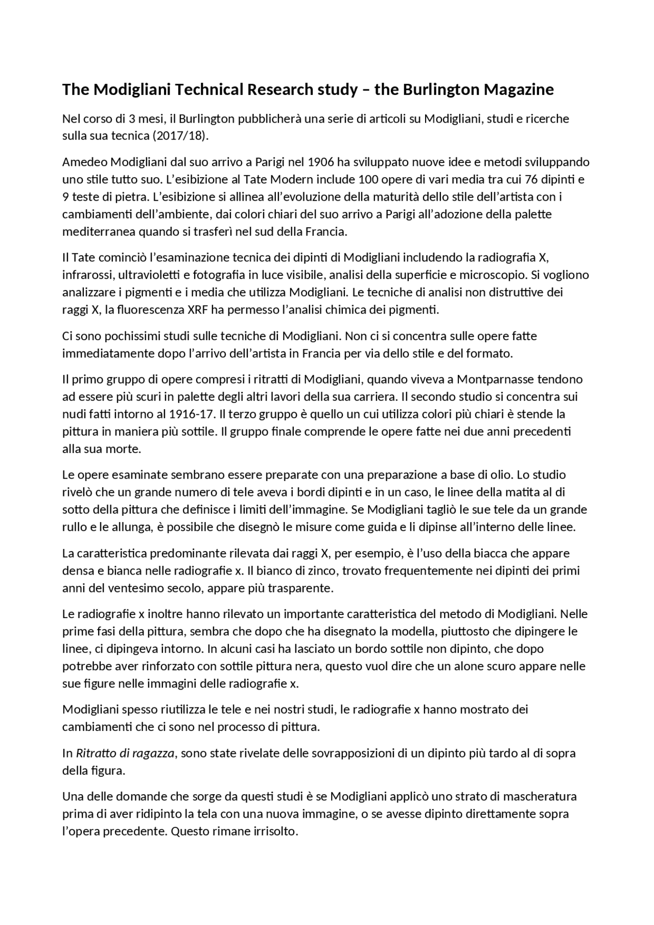 Traduzione e riassunto The Modigliani Technical Research Study ...