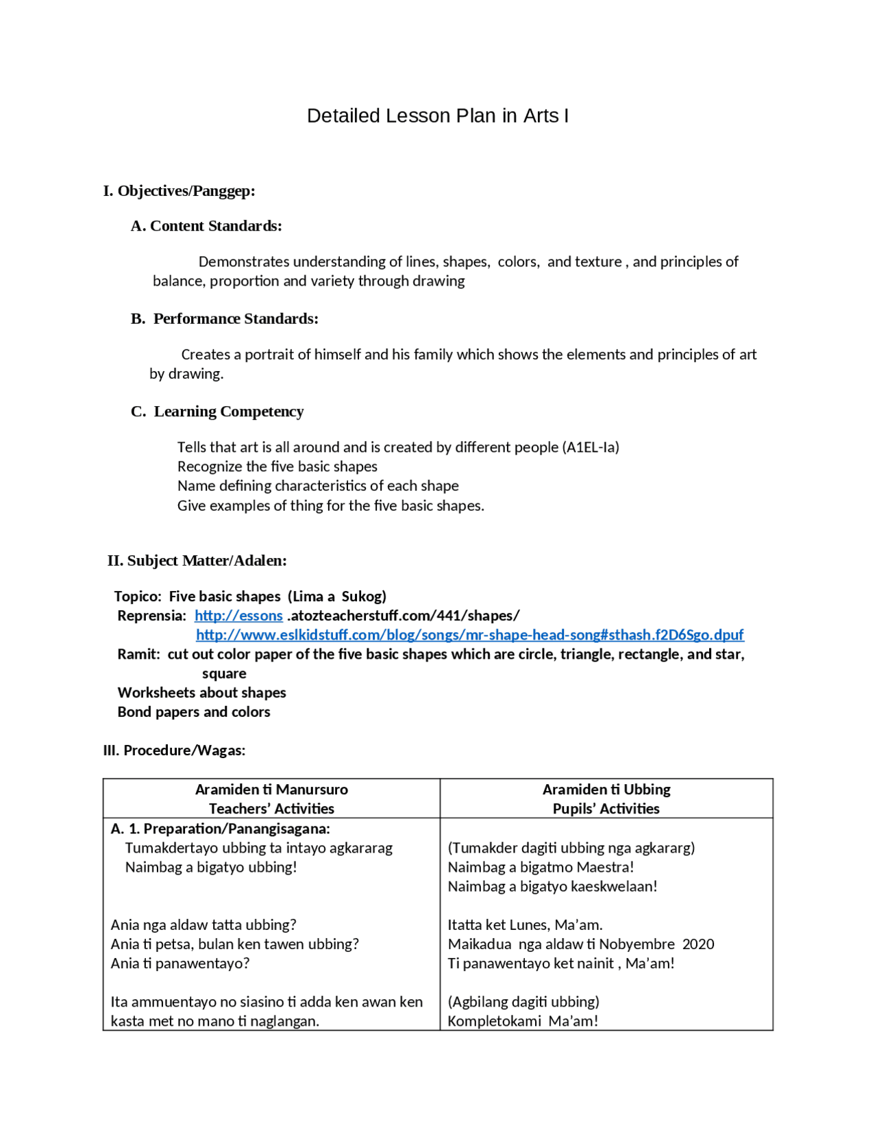 A detailed lesson plan in arts grade 1-5 | Transcriptions Performing ...