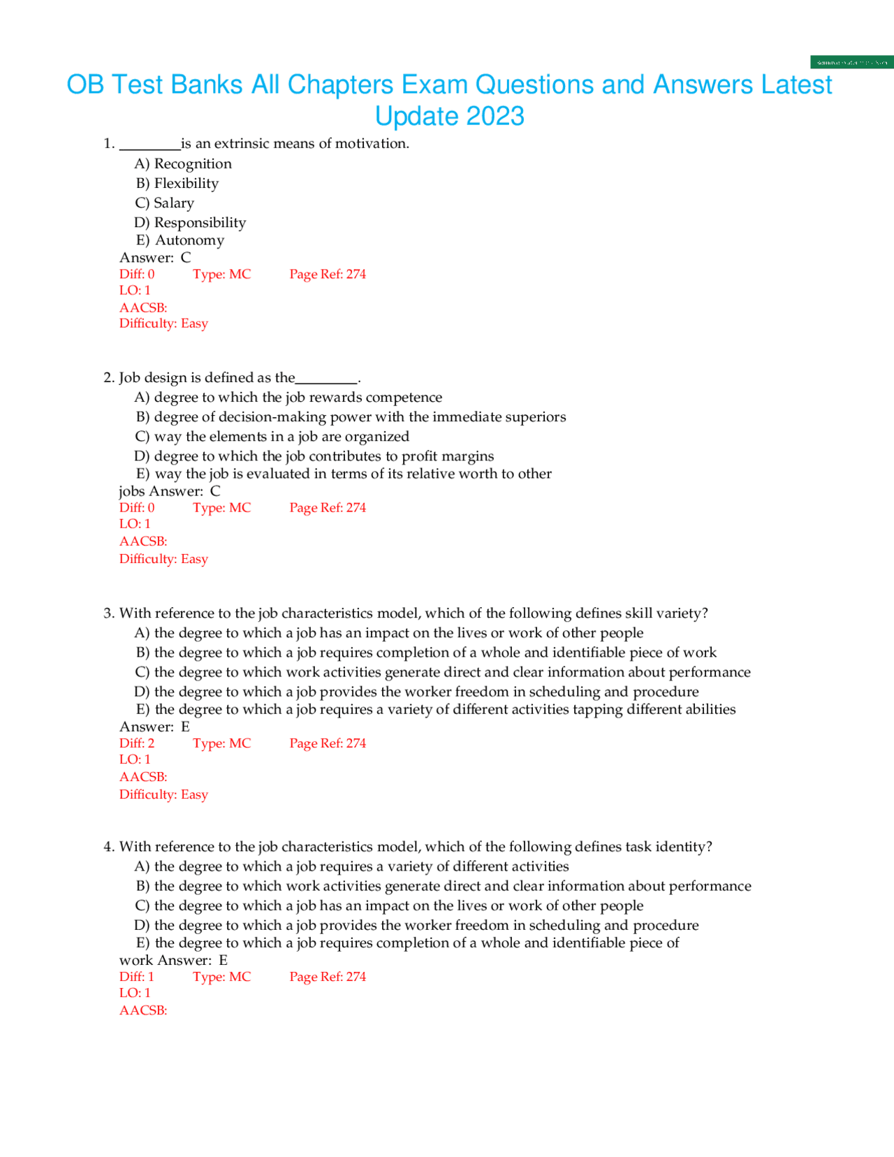 OB Test Banks All Chapters Exam Questions and Answers Latest Update ...