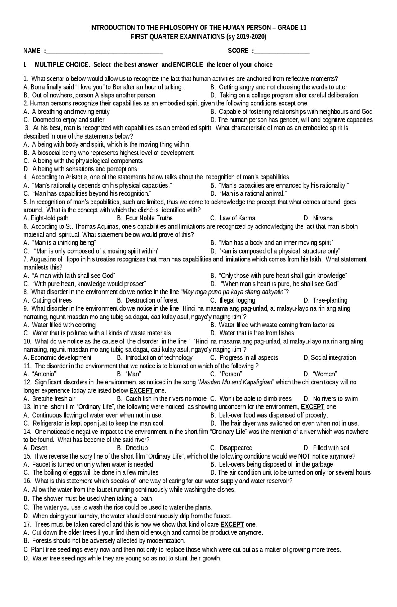 Examination in Philosophy | Cheat Sheet Philosophy | Docsity