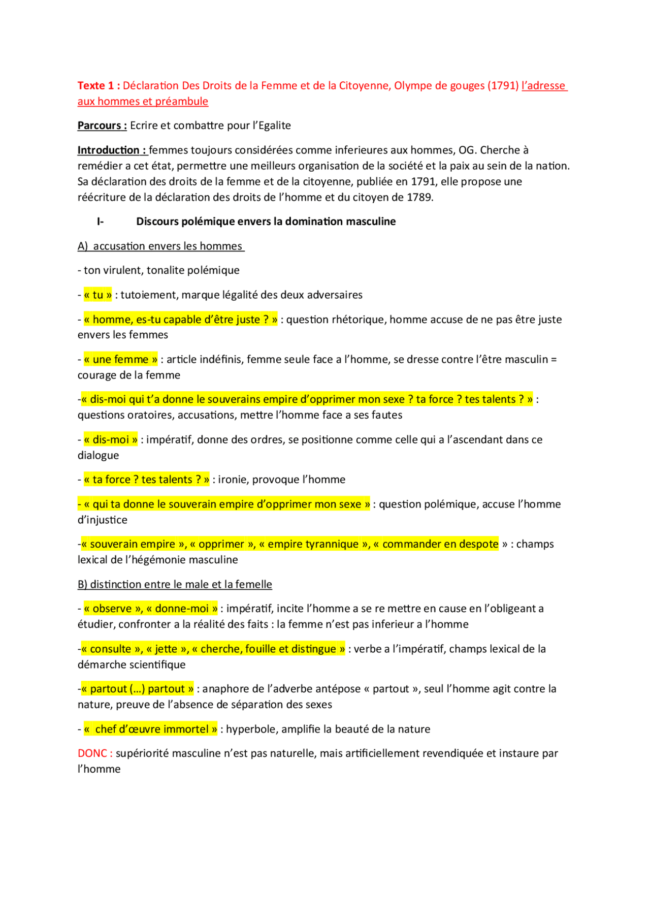 Lecture analytique : Déclaration Des Droits de la femme et de la ...