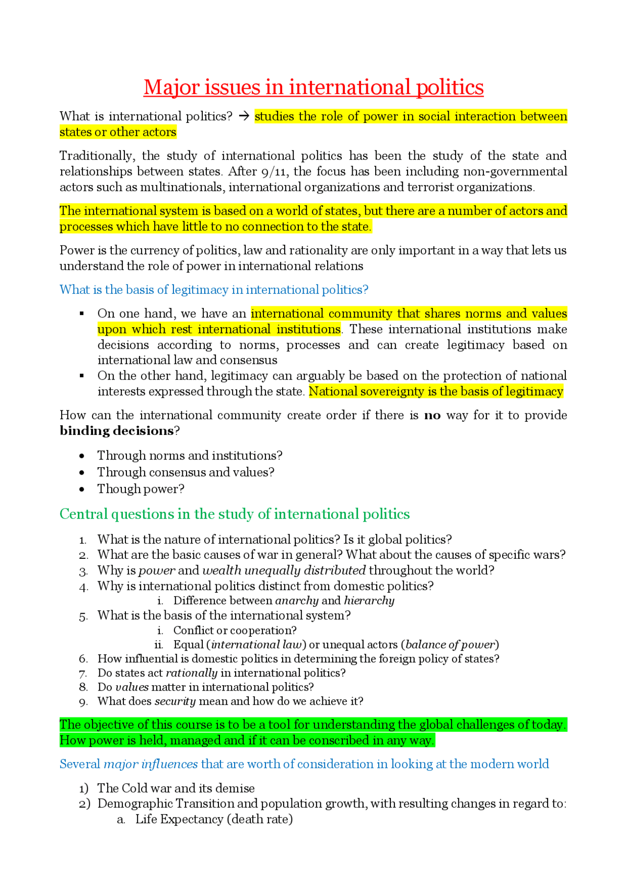 Major Issues in International Politics | Appunti di Politica ...