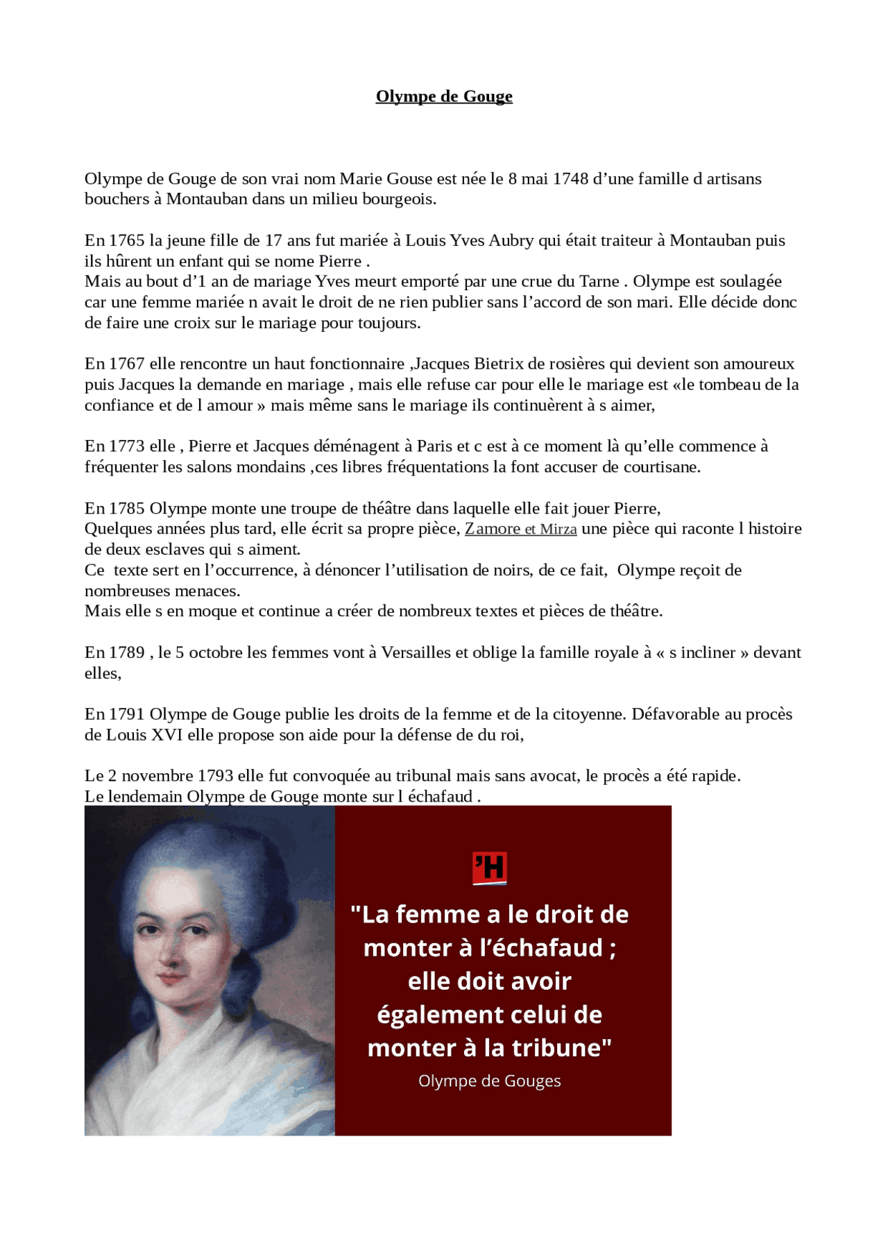 Biographie olympe de gouge | Exercices Français | Docsity