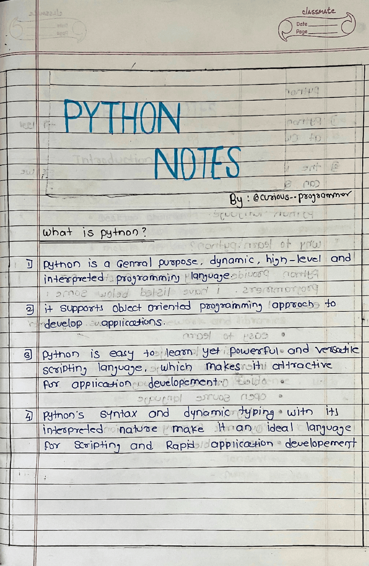 Phyton hand writing notes | Summaries Computer Programming | Docsity