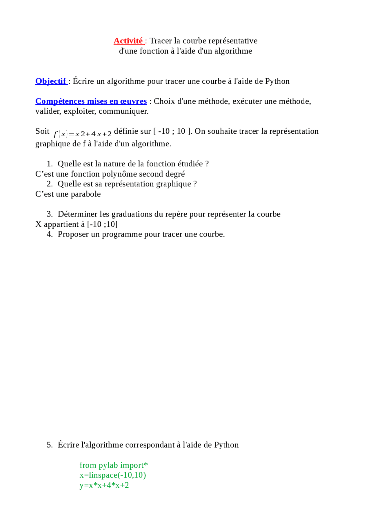 Python graphique 1er pro | Exercices Informatique | Docsity